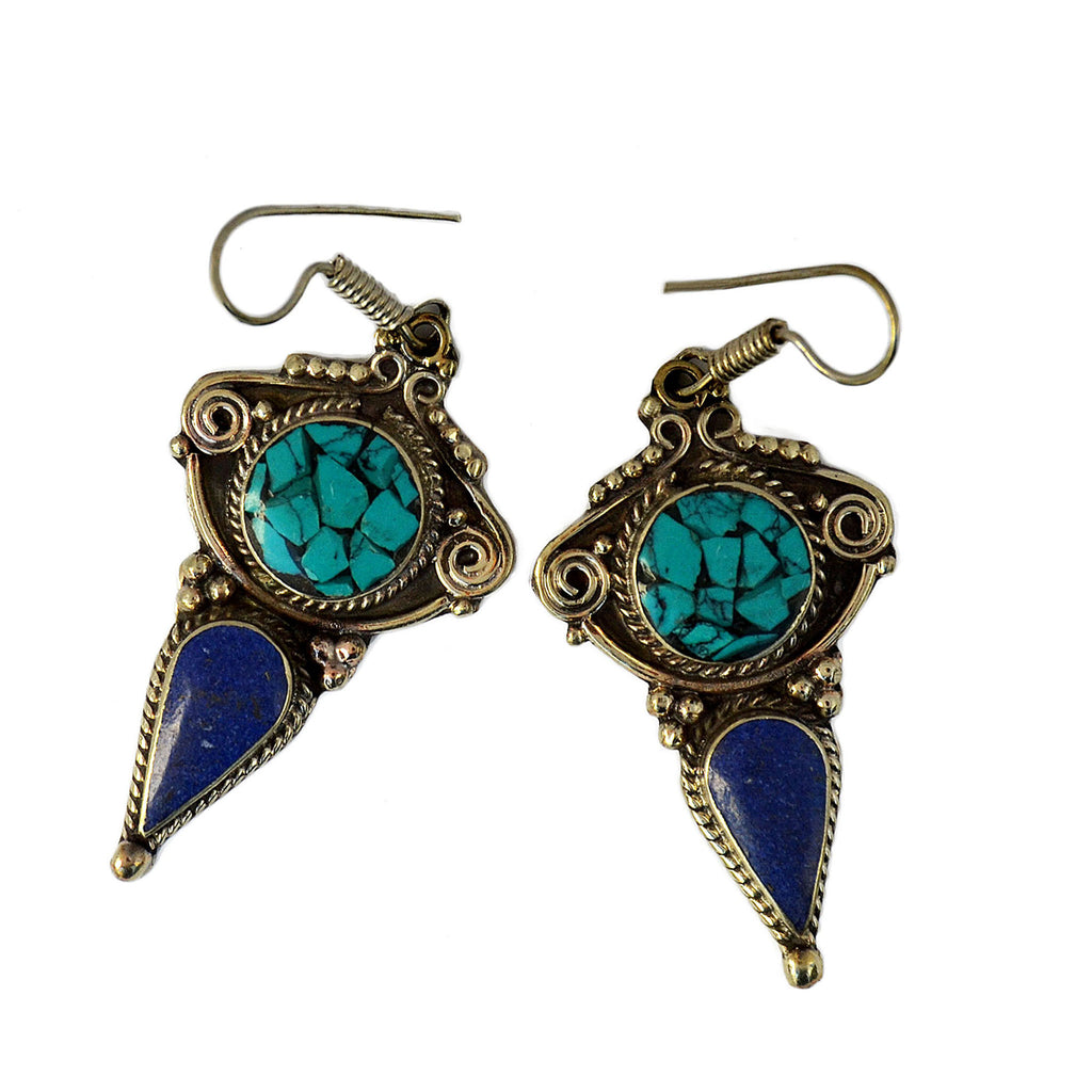 Tribal silver drop earrings with inlay turquoise and lapis lazuli gemstones on white background