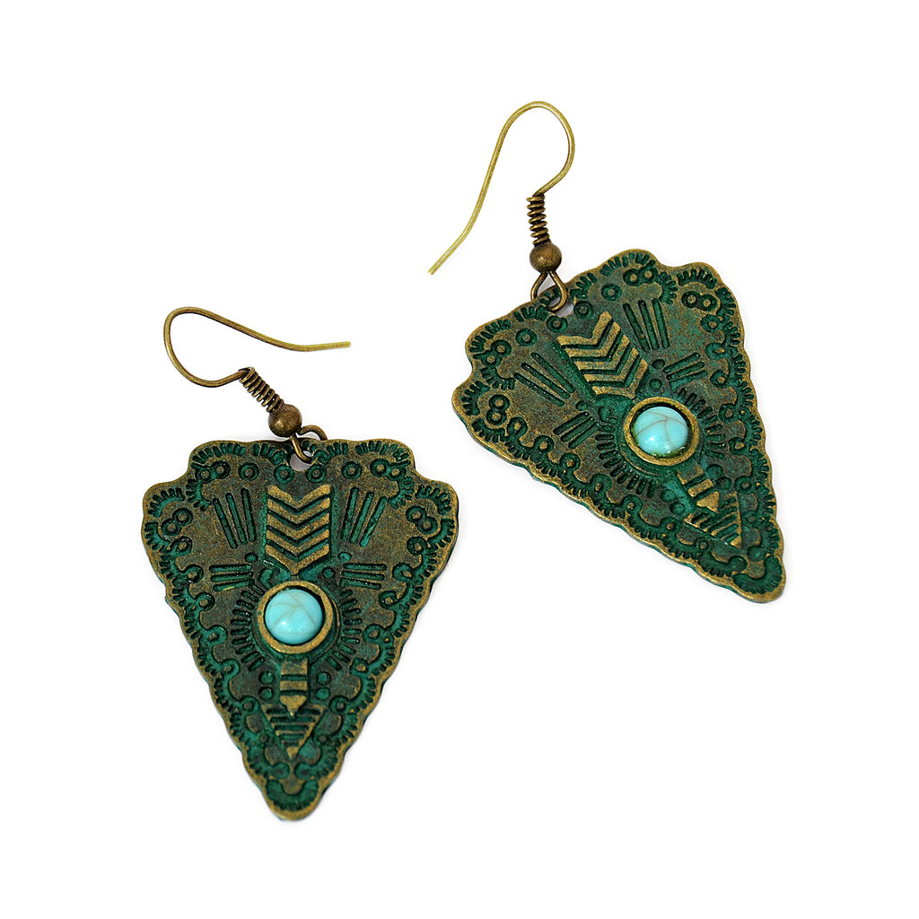 Triangle hook earrings with turquoise bead, engraved ethnic details and aged green patina on brass