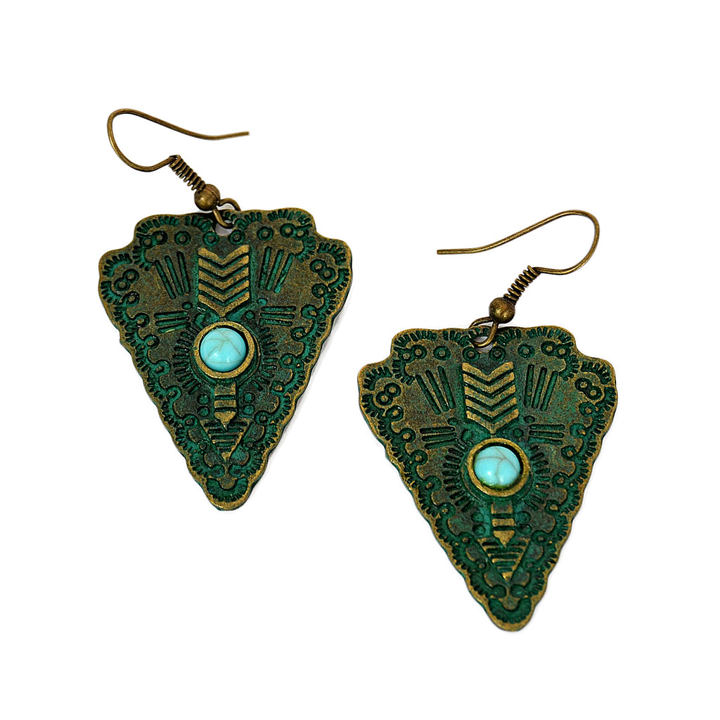 Triangle hanging hook earrings with turquoise bead, etched ethnic details and green patina on brass