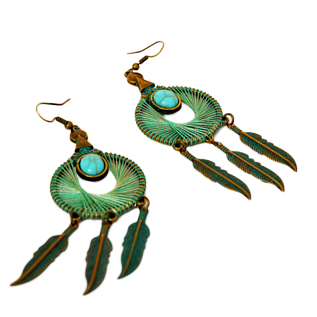 Hoop green patina earrings with blue and gold wrapped strings, turquoise bead and hanging feathers