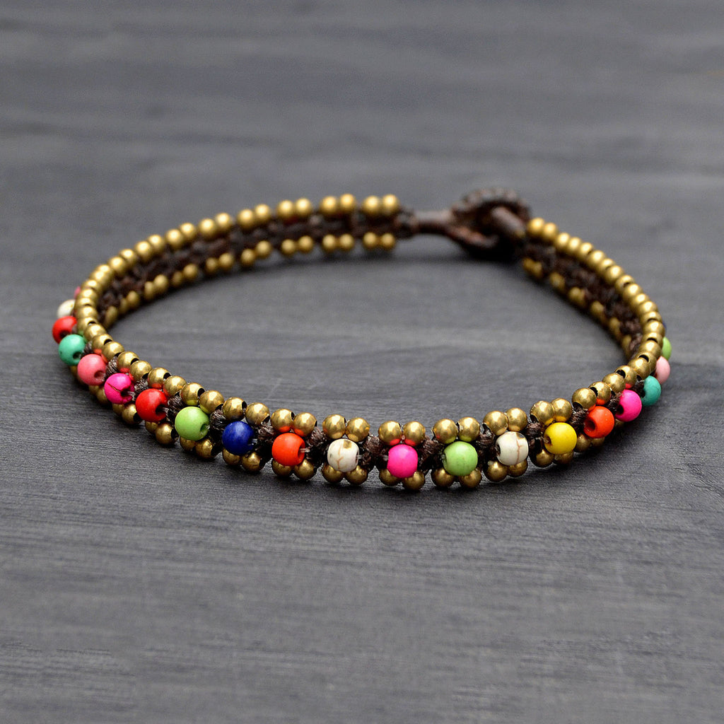Multicolor and brass beaded anklet