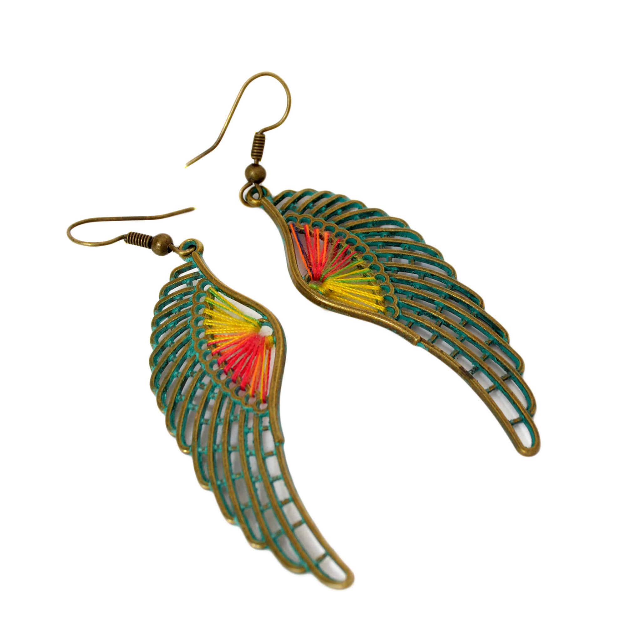 Wing hook earrings with colored threads and old green patina on brass