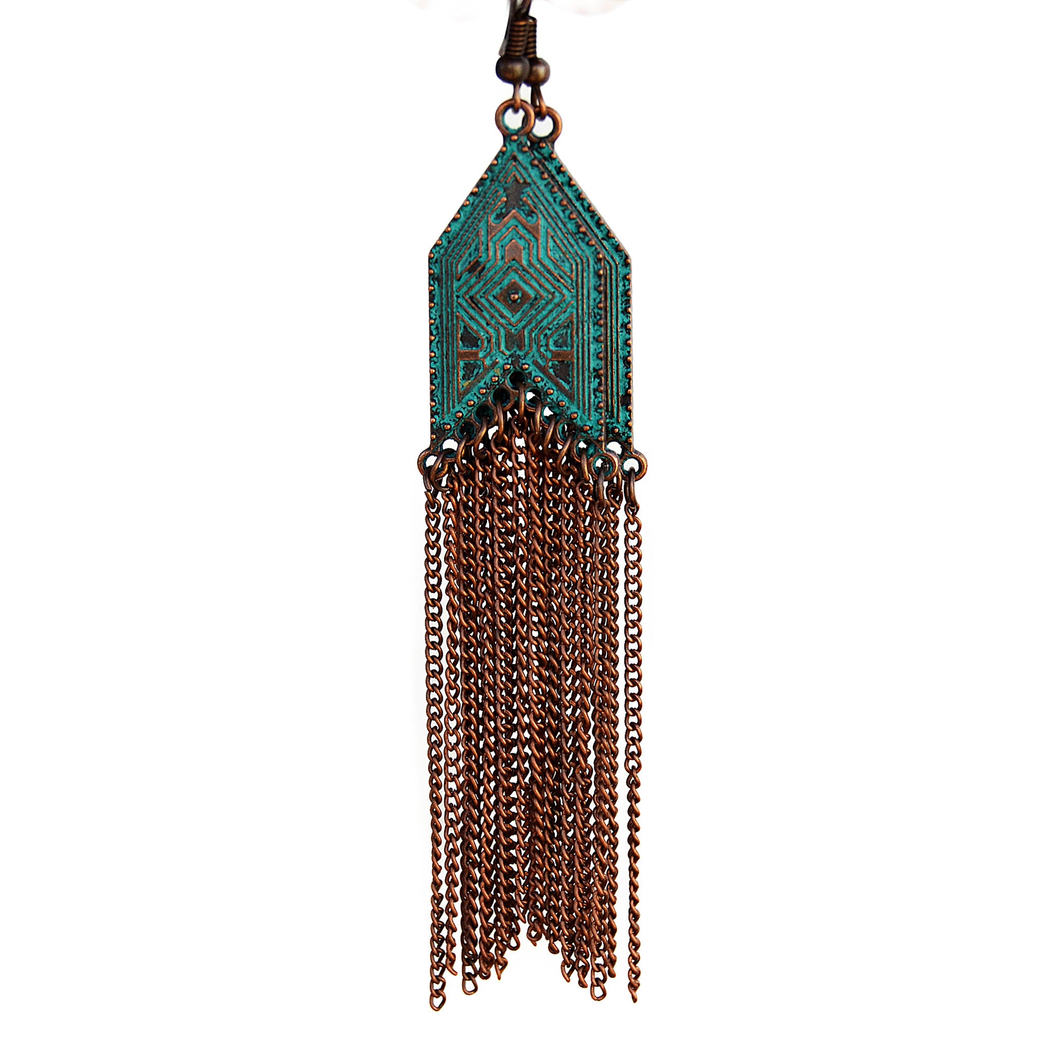 Multi chain earrings with geometric design and aged green blue patina on copper