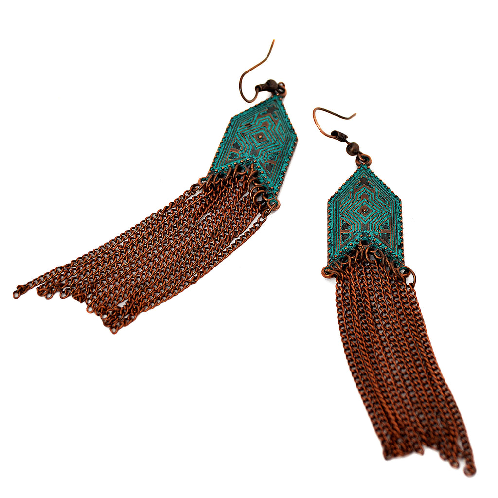 Multi chain drop hook earrings with geometric design and green blue patina on copper