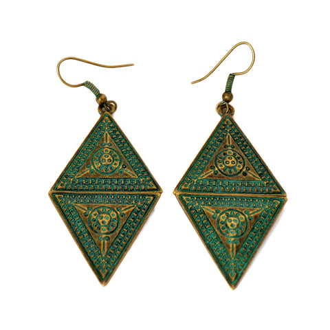 Green patina triangle earrings with aztec design 