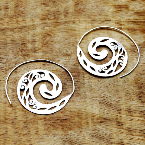 Hippie silver spiral hoop earrings
