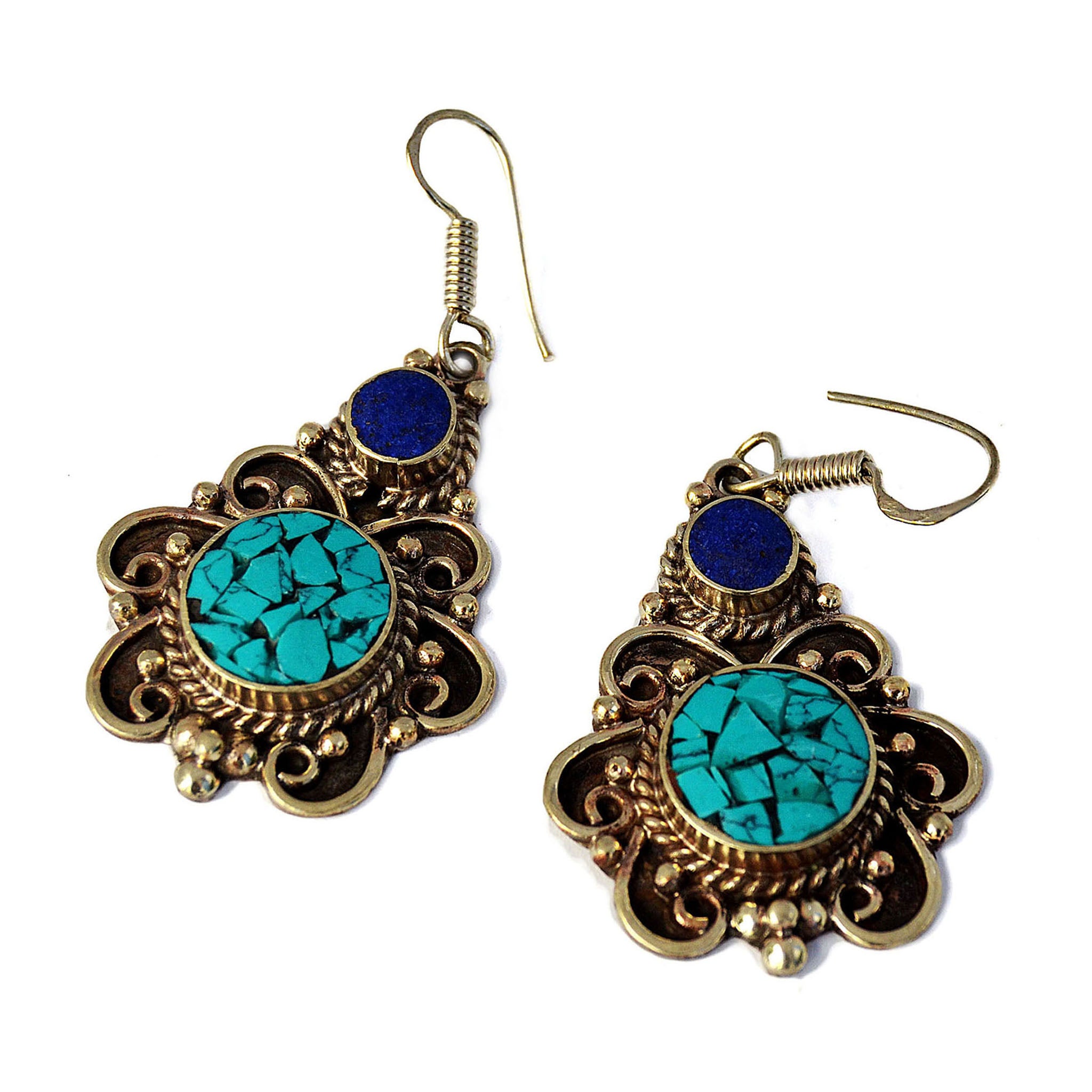 Tibetan silver drop earrings with lapis lazuli and turquoise stones