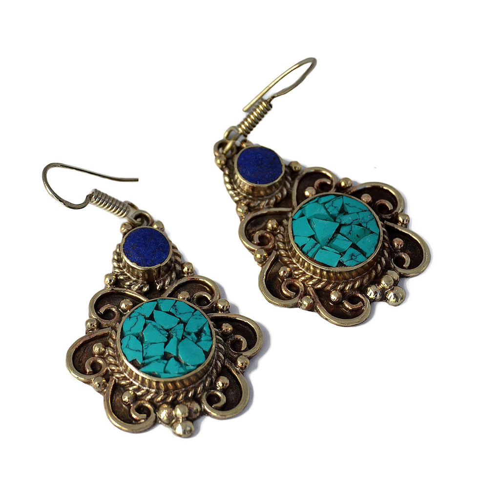 Ethnic tibetan silver dangle earrings with lapis lazuli and turquoise stones