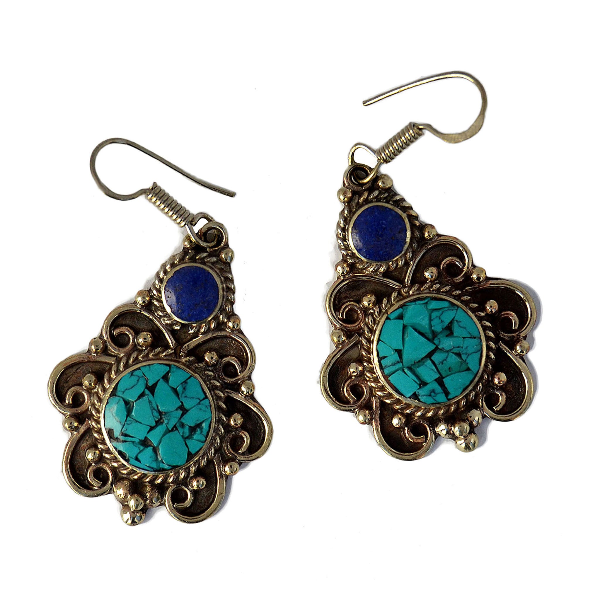 Traditional tibetan silver drop earrings with lapis lazuli and turquoise stones