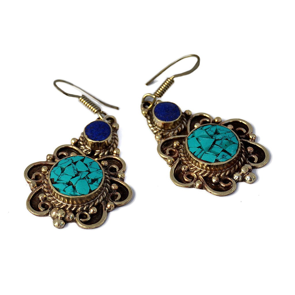 Tribal tibetan silver drop earrings with lapis lazuli and turquoise stones
