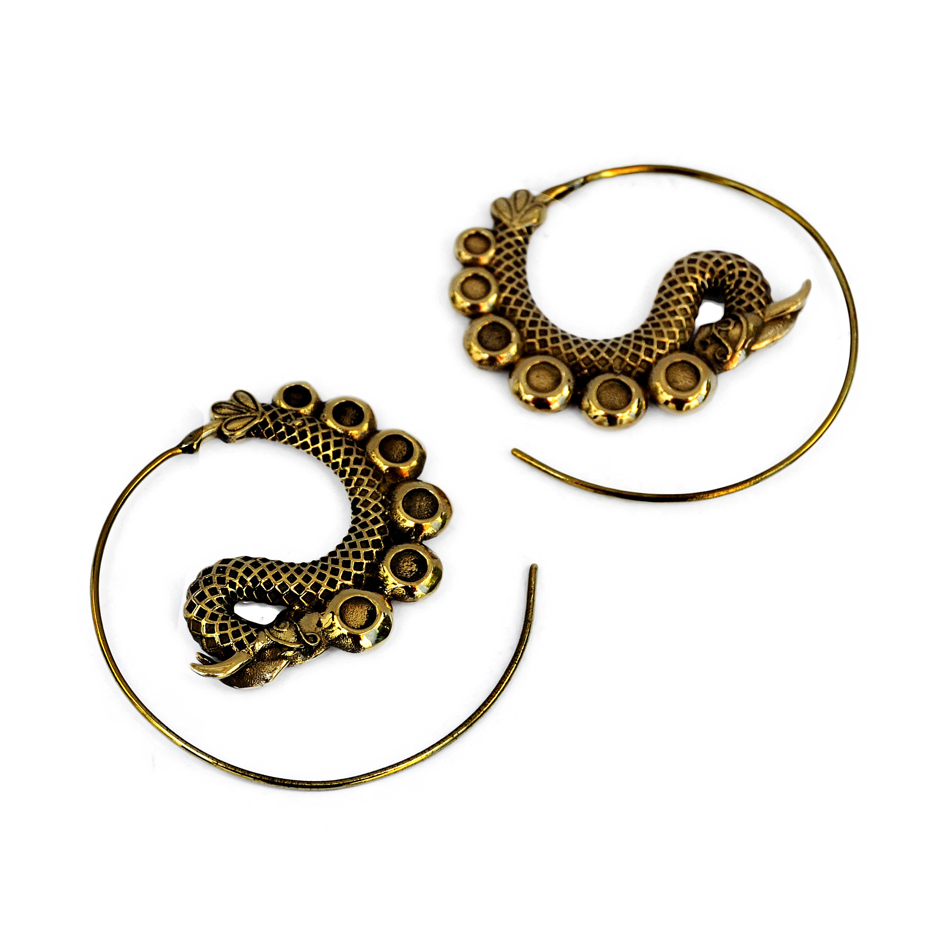 Golden dragon spiral earrings on white background