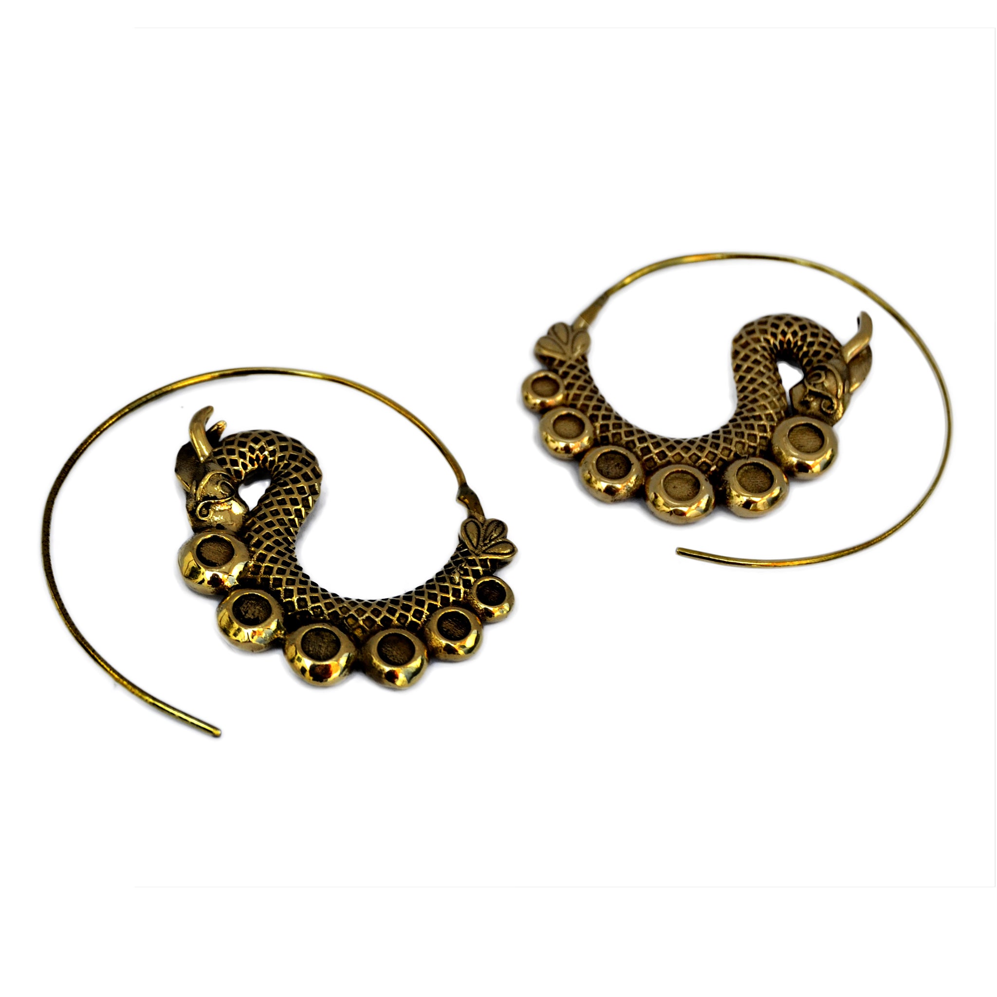 Brass tribal dragon spiral earrings on white background