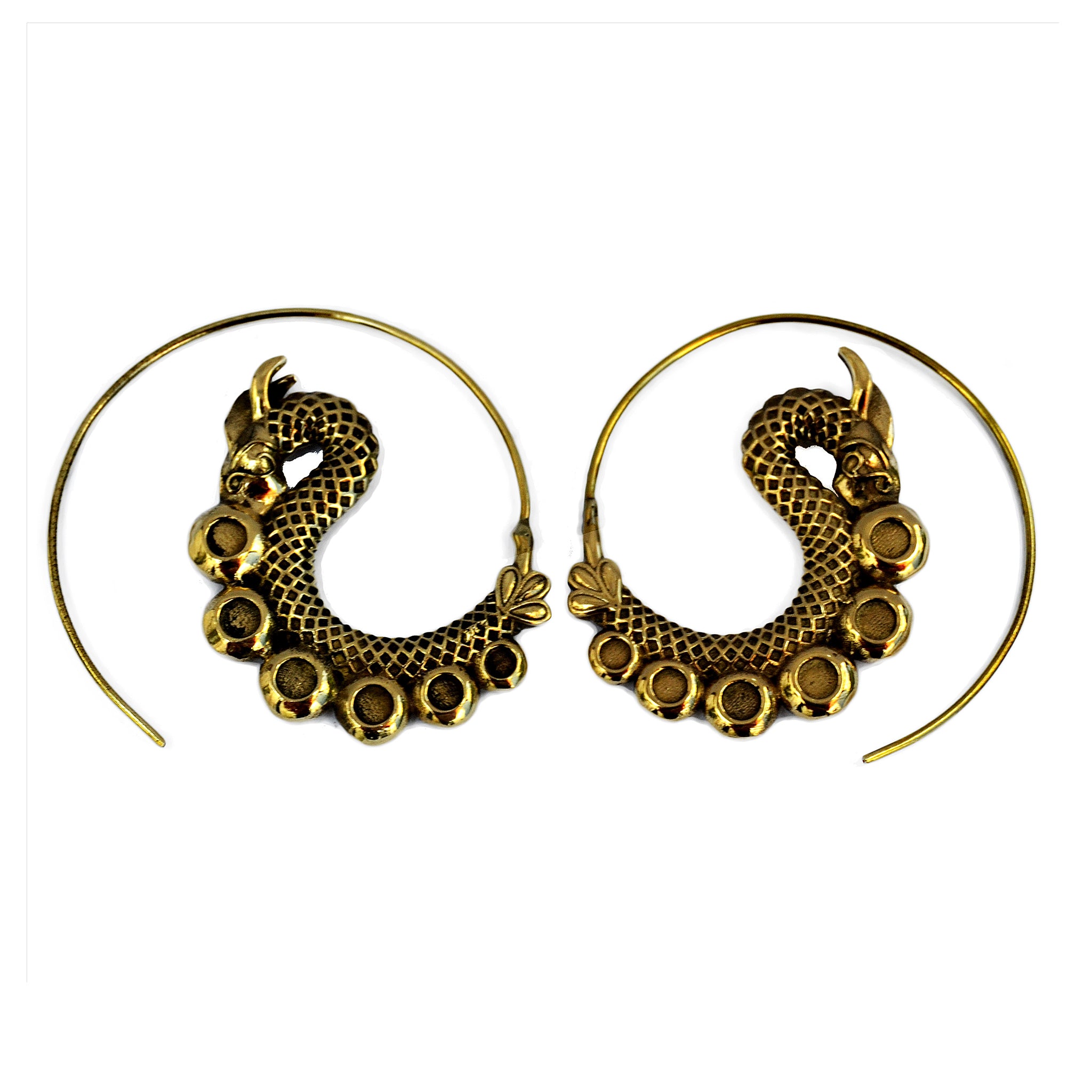 Brass dragon spiral hoop earrings on white background