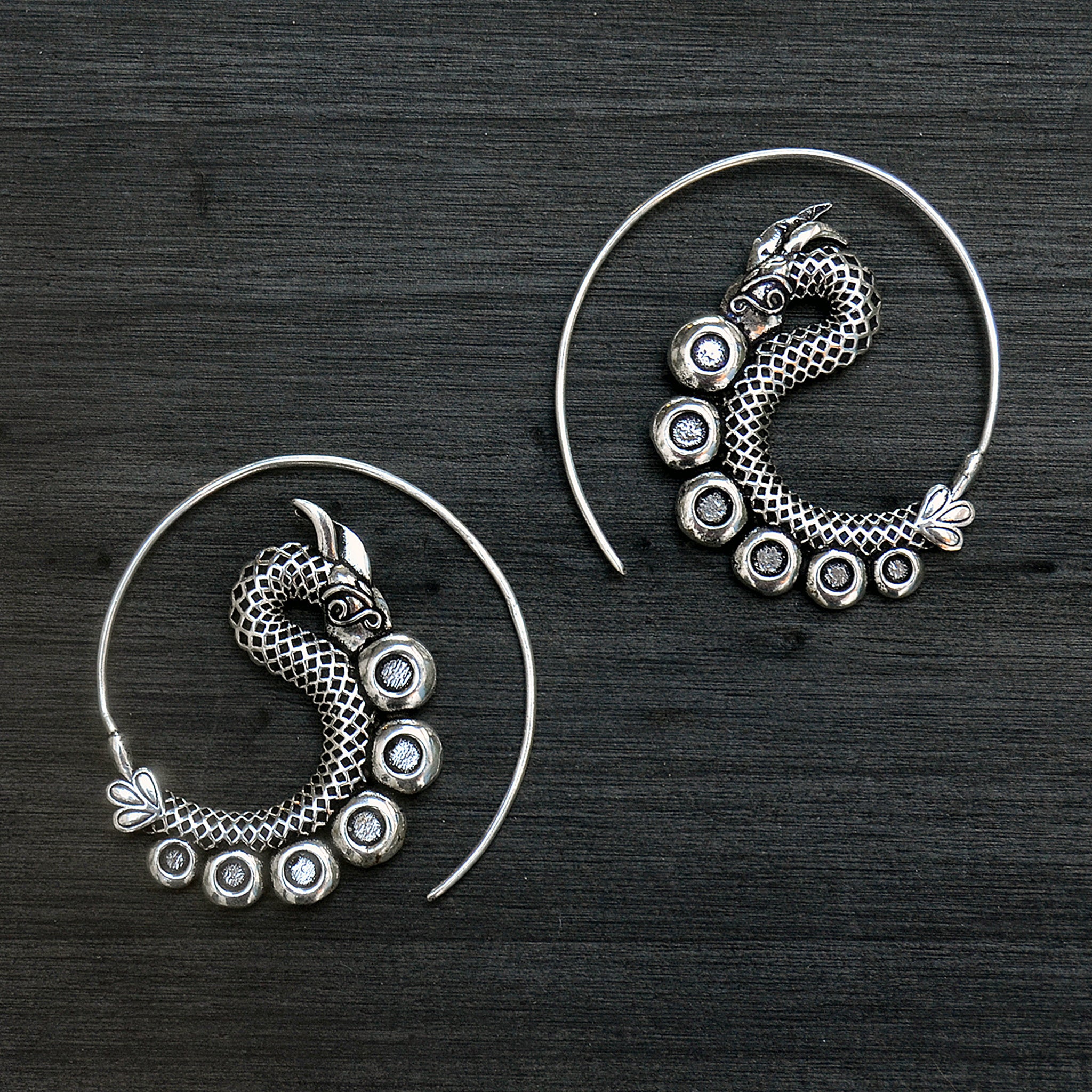 Spiral silver dagon earrings on black background