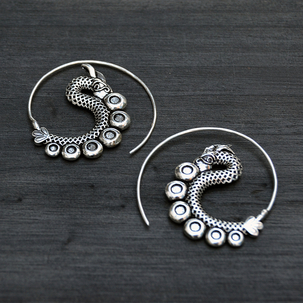 Silver spiral dagon earrings on black background