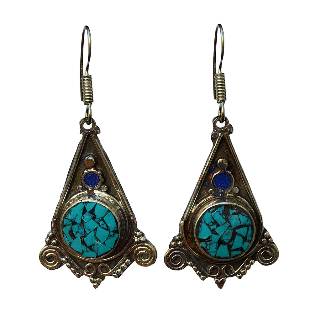 Tibetan silver hanging earrings with inlay turquoise and lapis lazuli stones