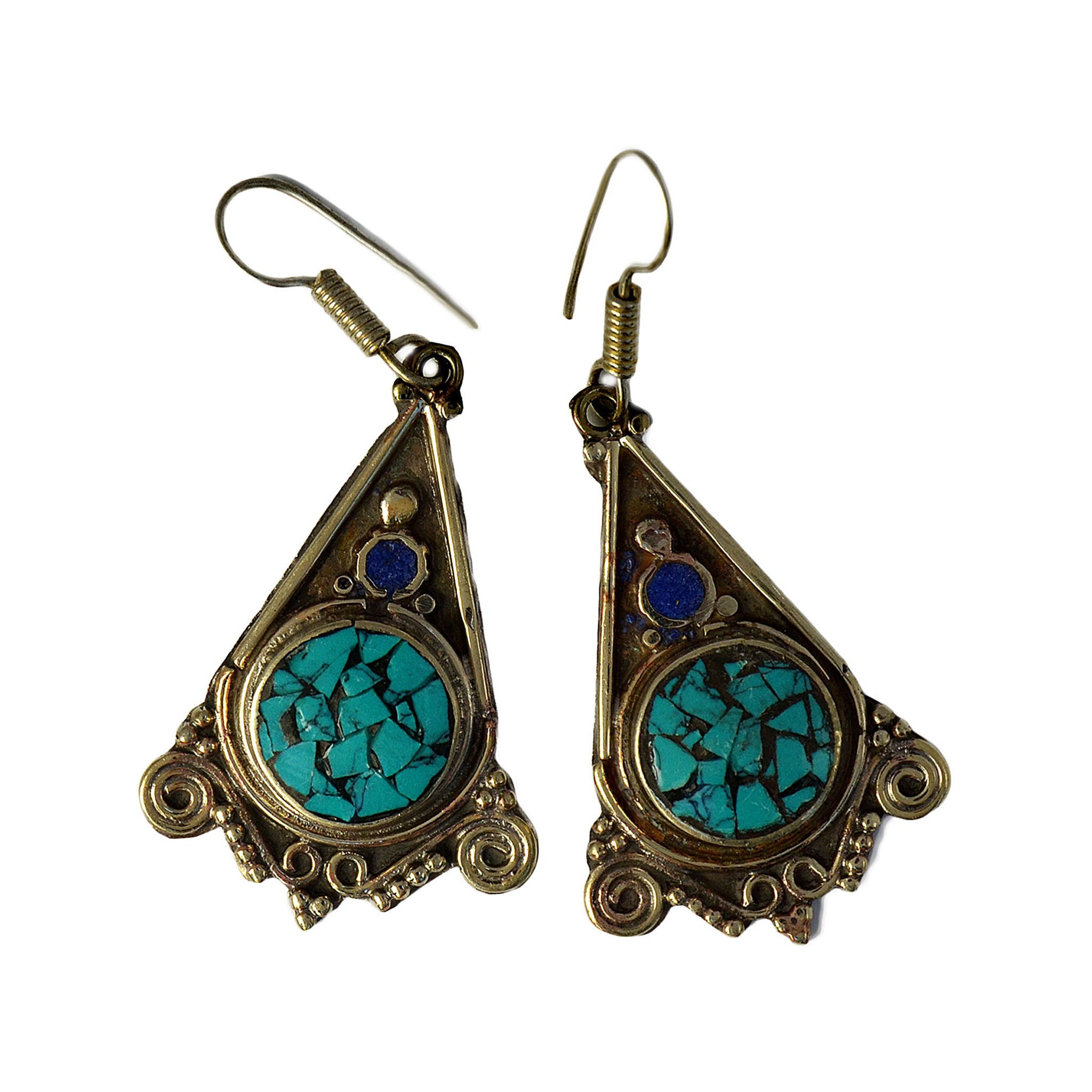 Tibetan silver drop earrings with inlay turquoise and lapis lazuli stones