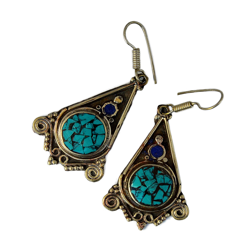 Traditional tibetan silver dangle earrings with inlay turquoise and lapis lazuli stones