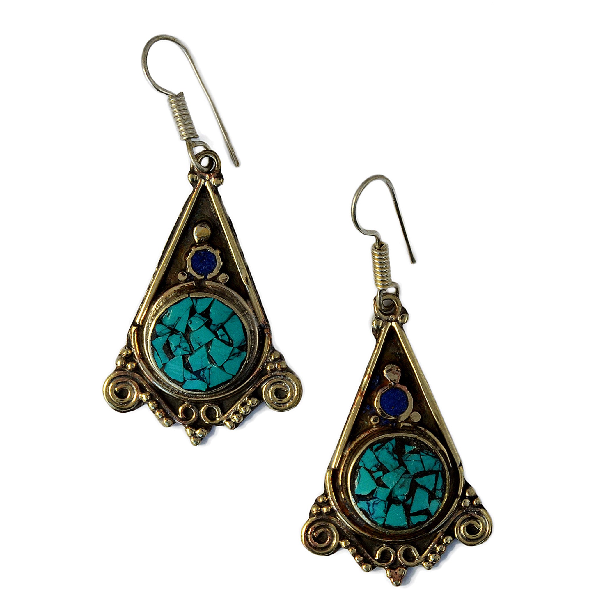 Traditional nepal silver dangle earrings with inlay turquoise and lapis lazuli stones