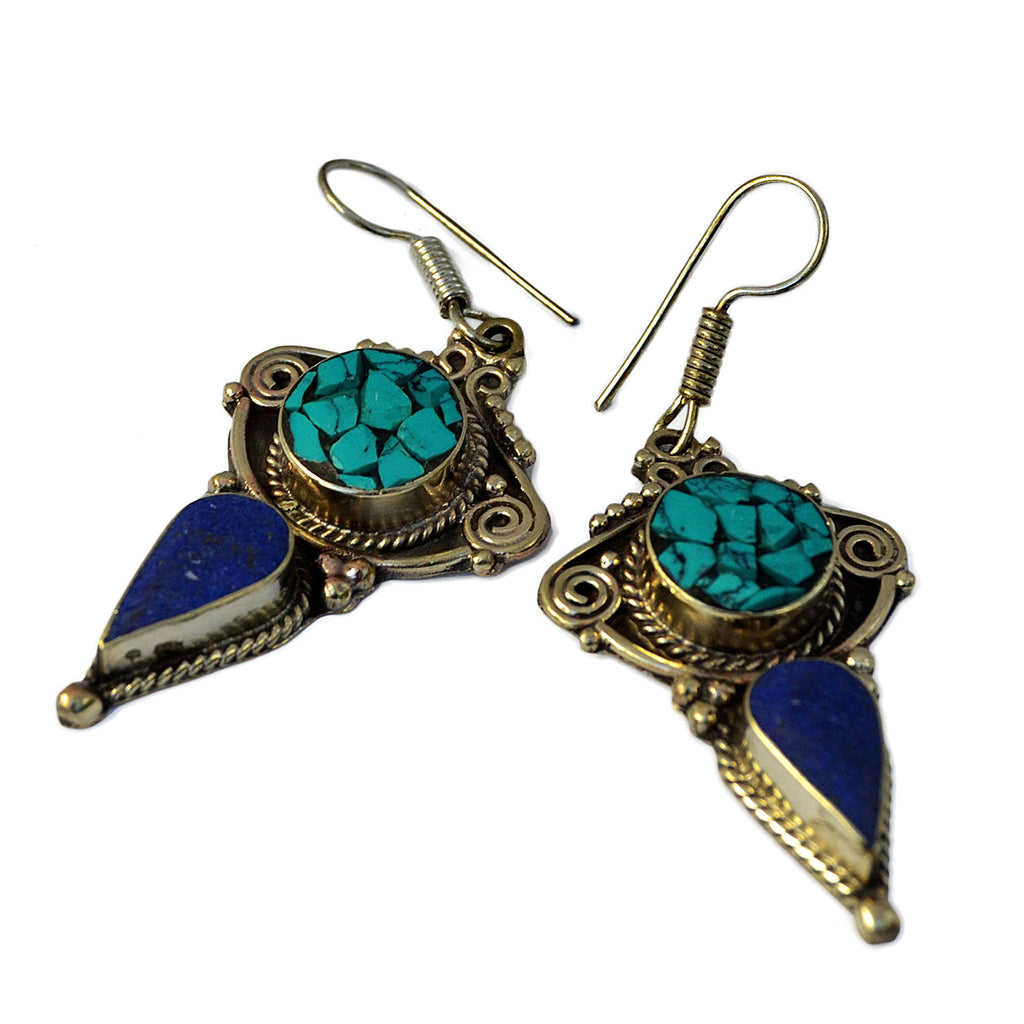 Tibetan silver drop earrings with inlay turquoise and lapis lazuli stones on white background