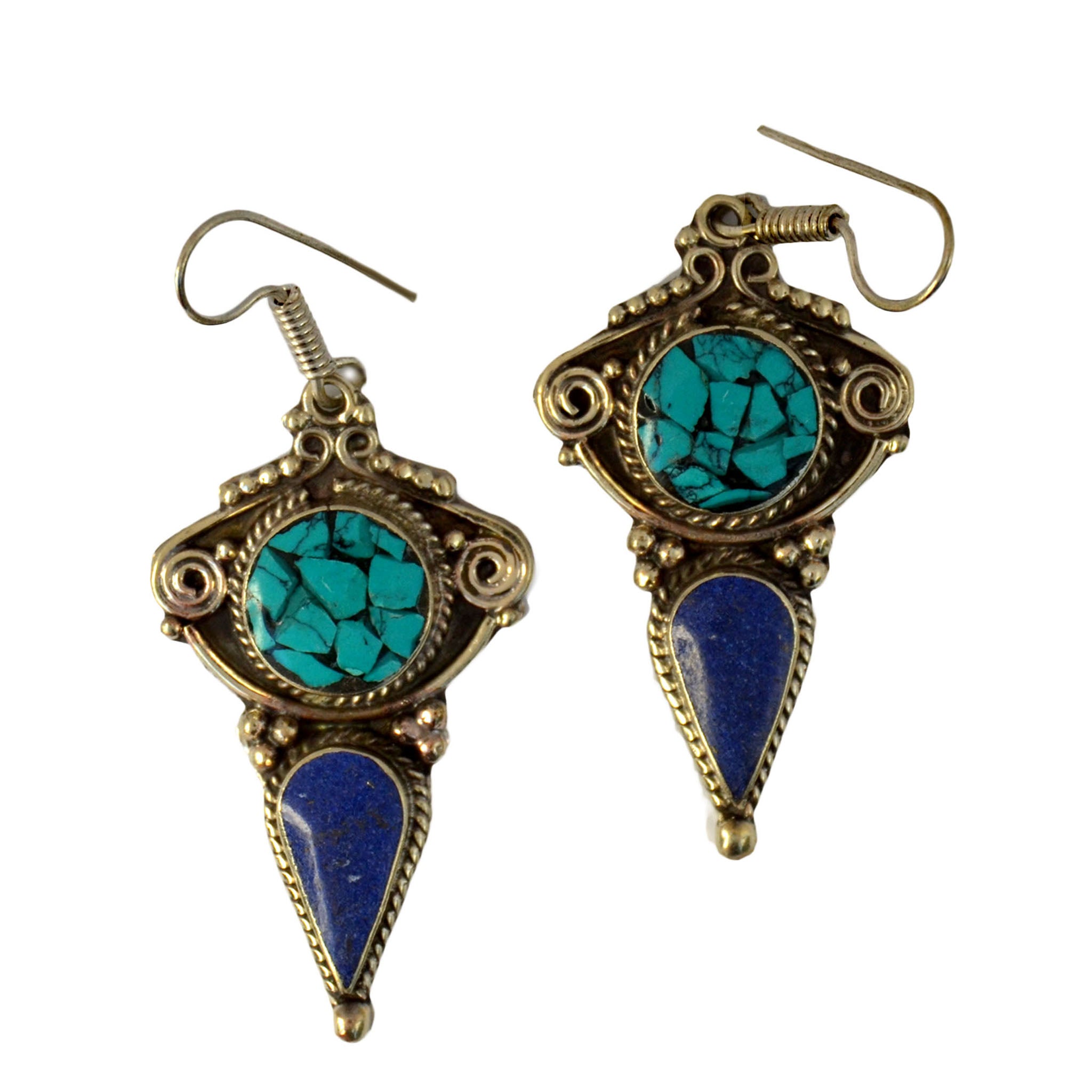 Ethnic silver drop earrings with inlay turquoise and lapis lazuli stones on white background