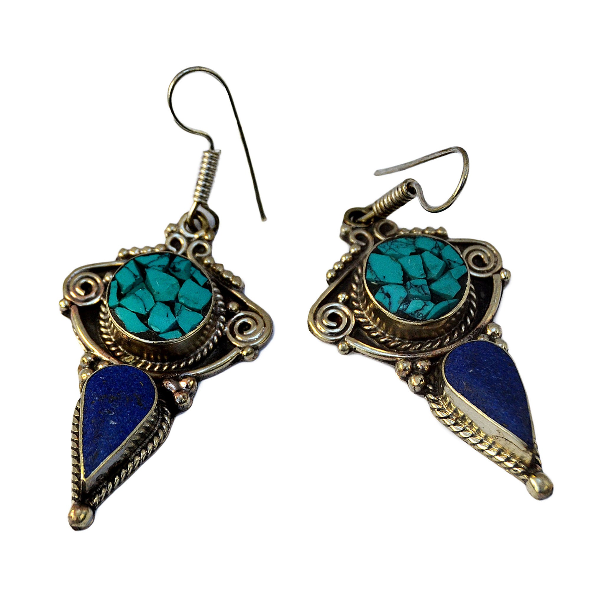 Nepal silver drop earrings with inlay turquoise and lapis lazuli stones on white background
