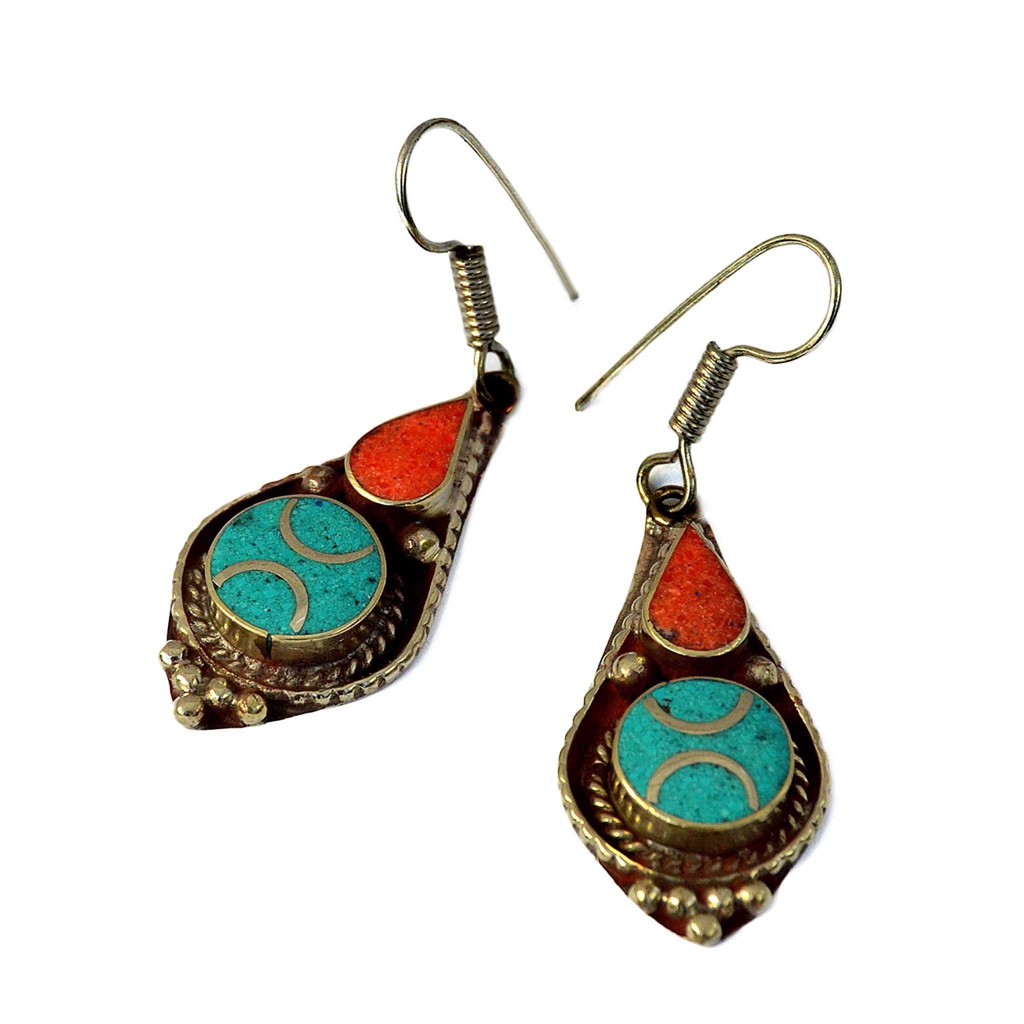 Ethnic tibetan drop earrings with inlay turquoise and red coral stones