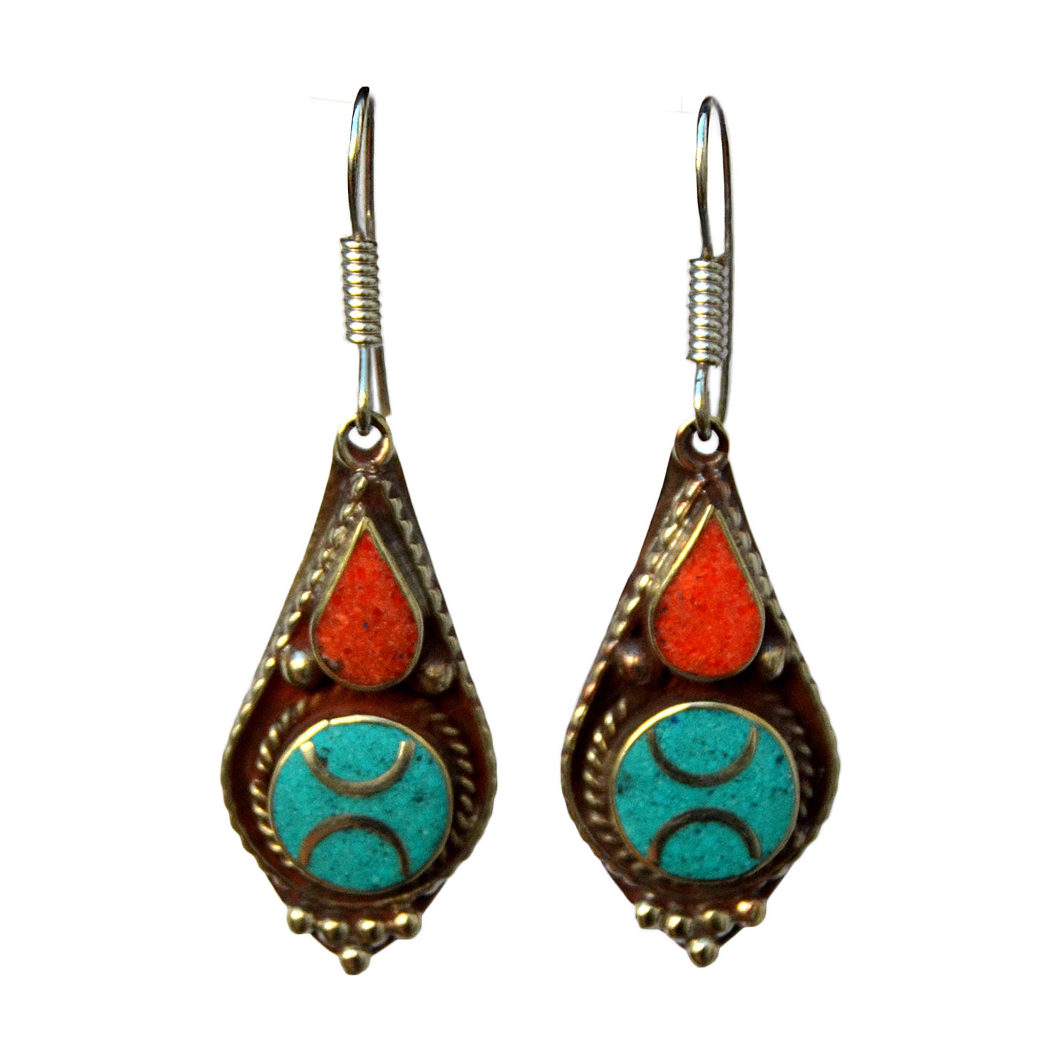 Tribal tibetan drop earrings with inlay turquoise and red coral stones