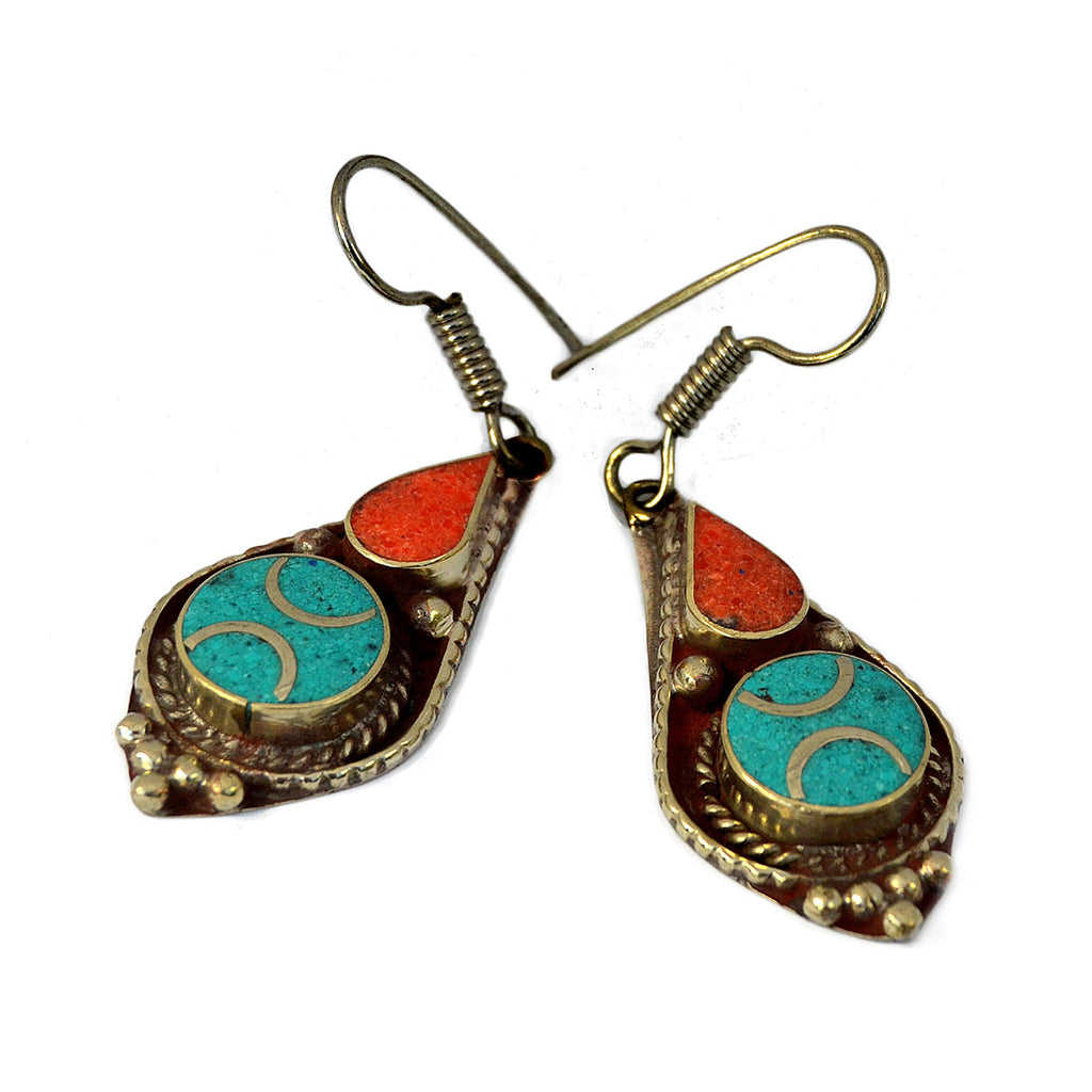 Ethnic tibetan drop earrings with inlay turquoise and red coral stones