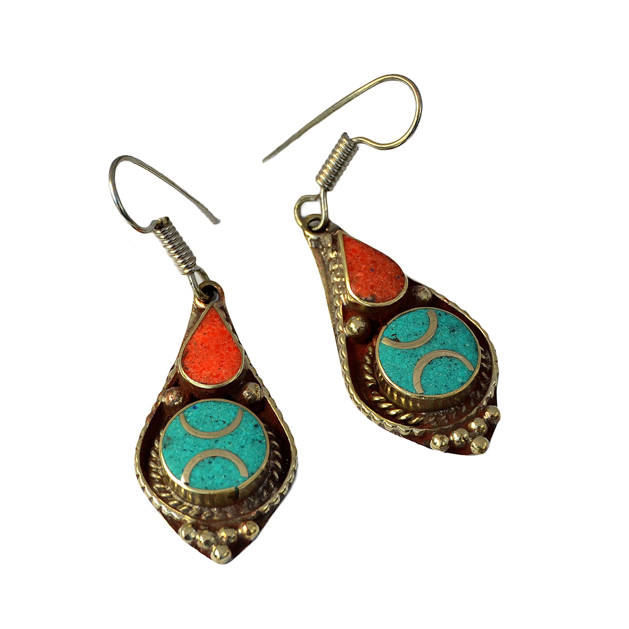 Tibetan dangle earrings with inlay turquoise and red coral stones on white background