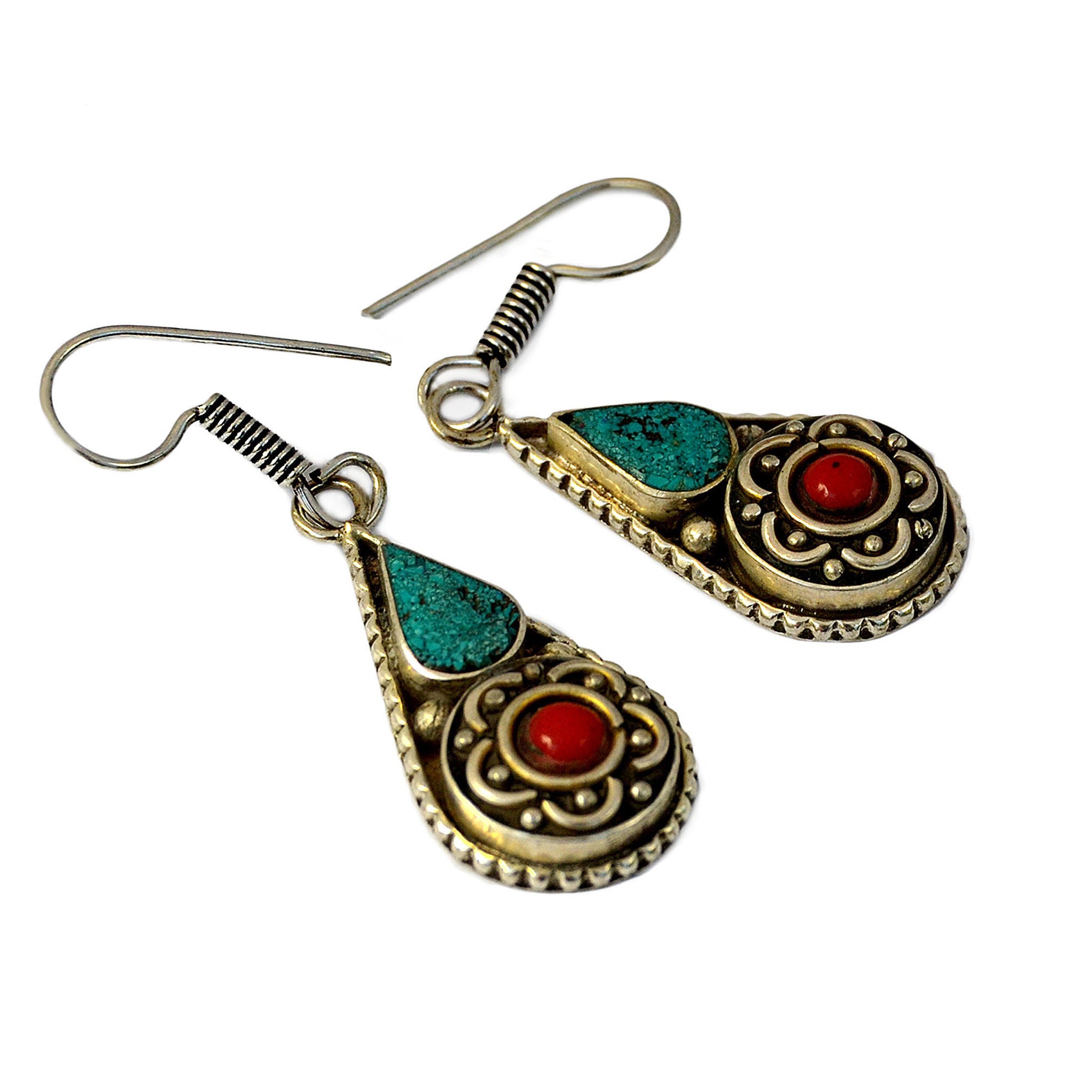 Silver tibetan dangle earrings with inlay turquoise and red coral stones