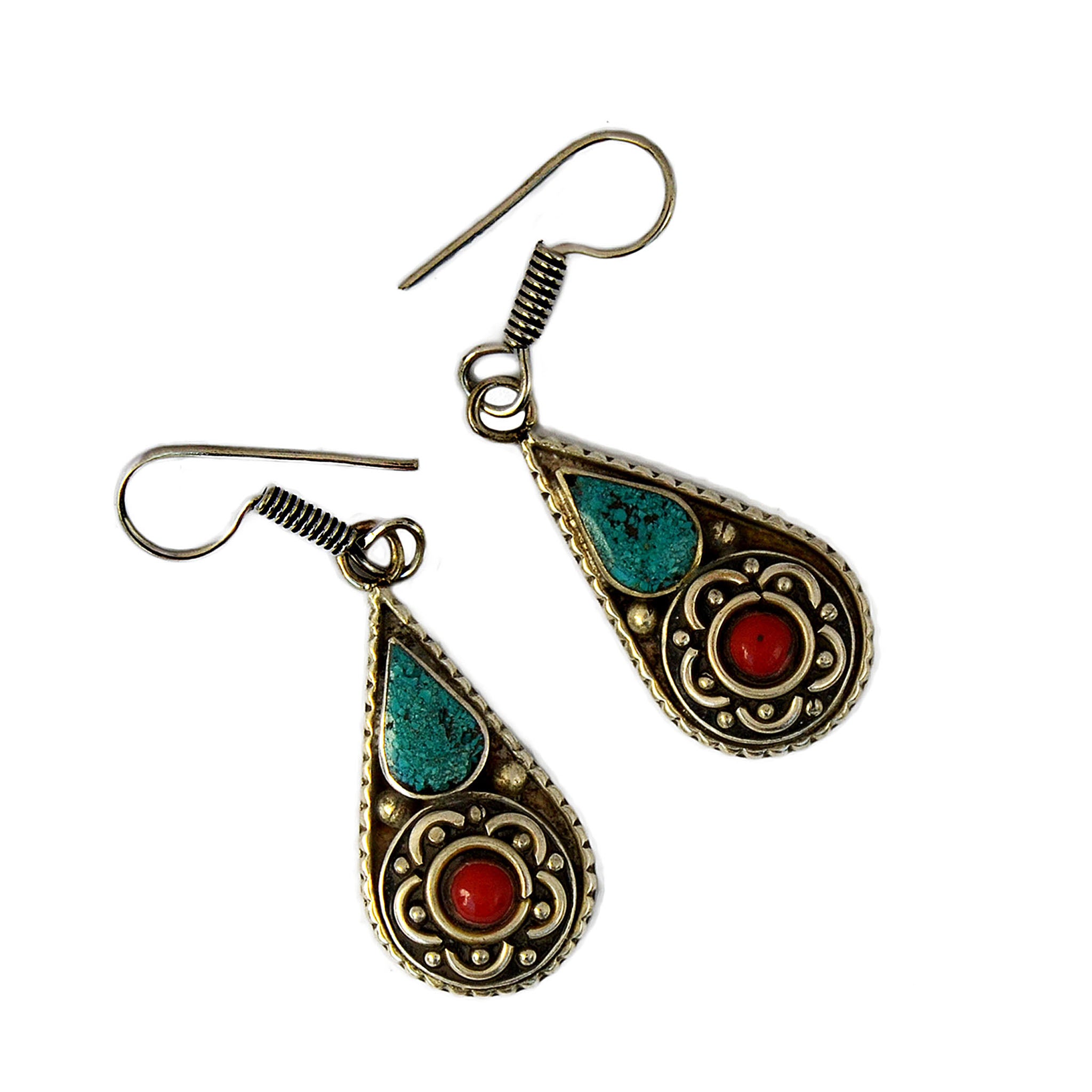 Silver tibetan hanging earrings with inlay turquoise and red coral stones