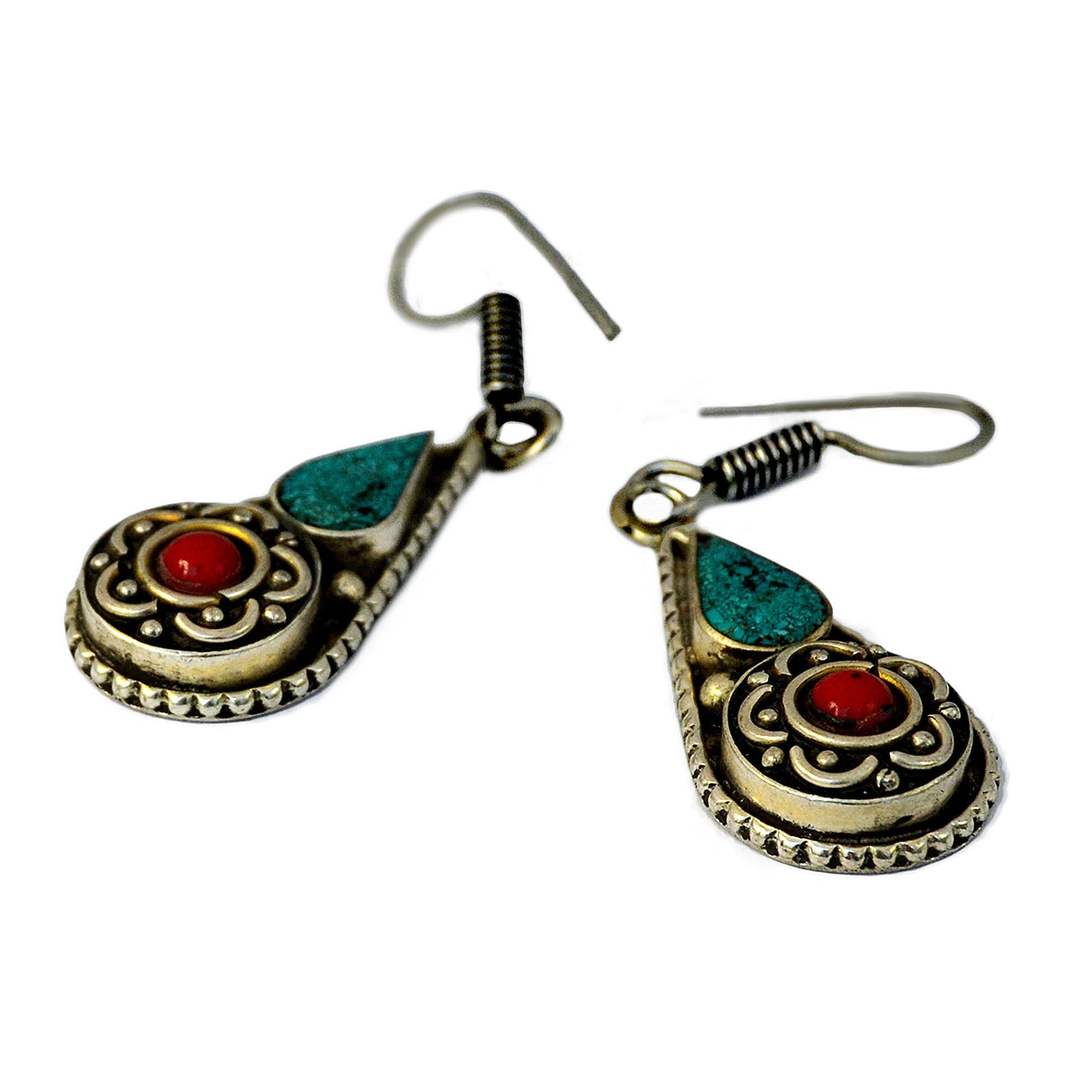 Ethnic drop earrings with inlay turquoise and red coral stones