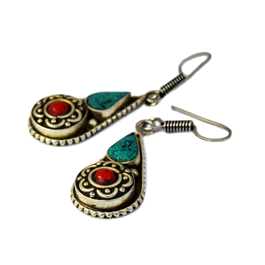 Silver tibetan drop earrings with inlay turquoise and red coral stones