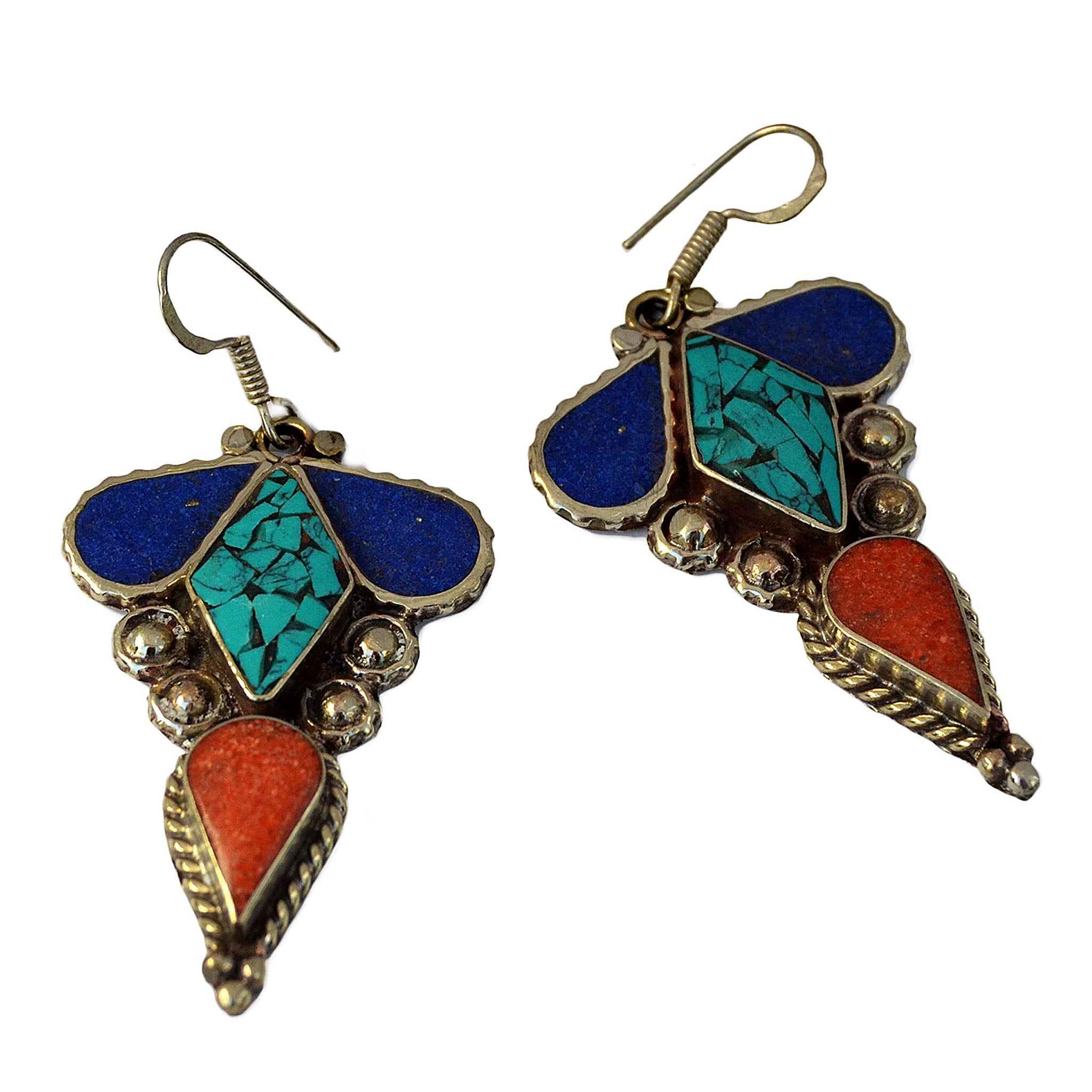 Ethnic silver dangle earrings with inlay turquoise, lapis lazuli and red coral gemstones