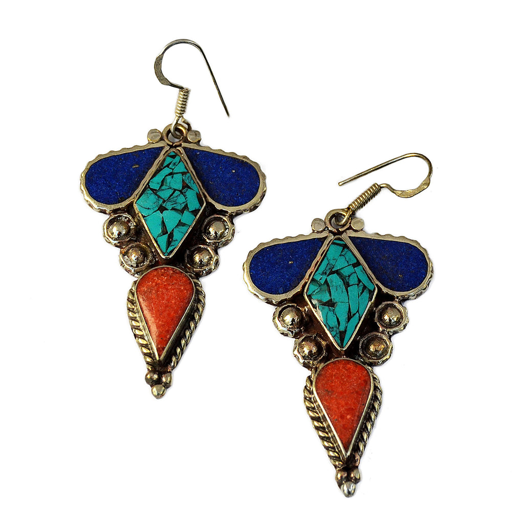 Ethnic silver dangly earrings with inlay turquoise, lapis lazuli and red coral gemstones