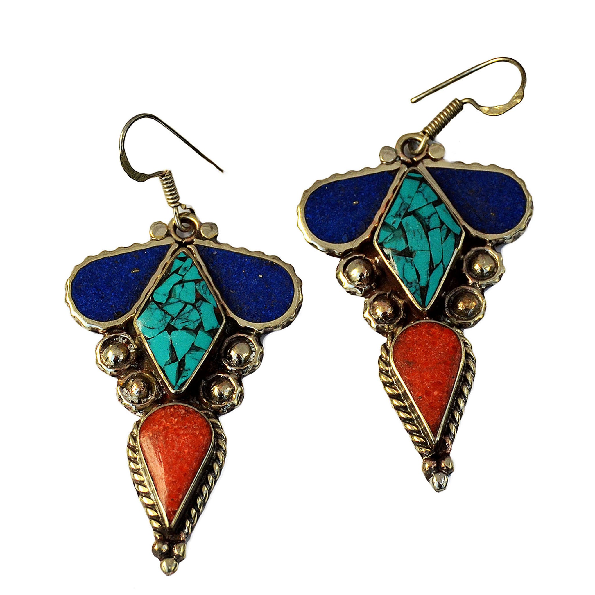 Tribal silver earrings with inlay turquoise, lapis lazuli and red coral gemstones