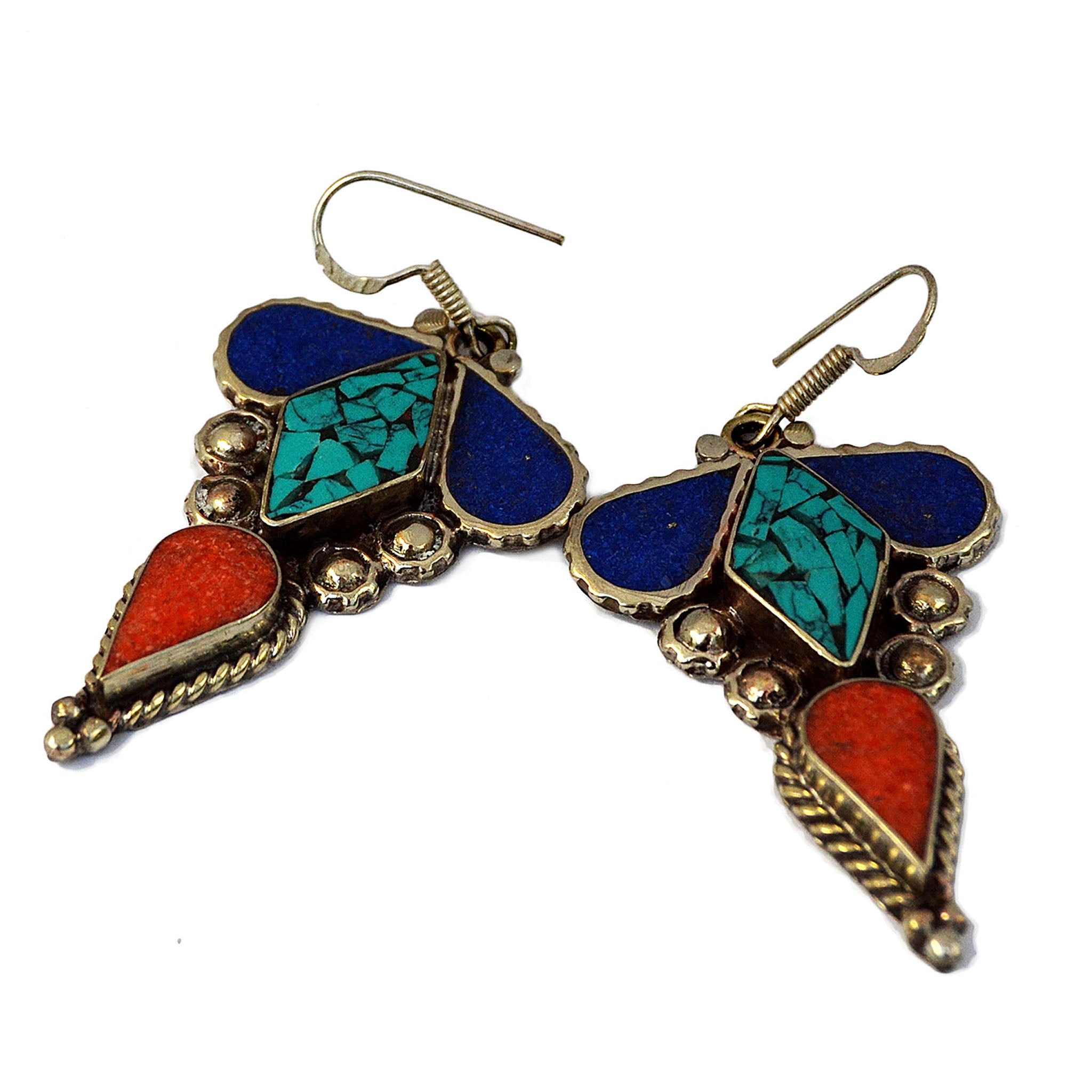 Ethnic silver hanging earrings with inlay turquoise, lapis lazuli and red coral gemstones