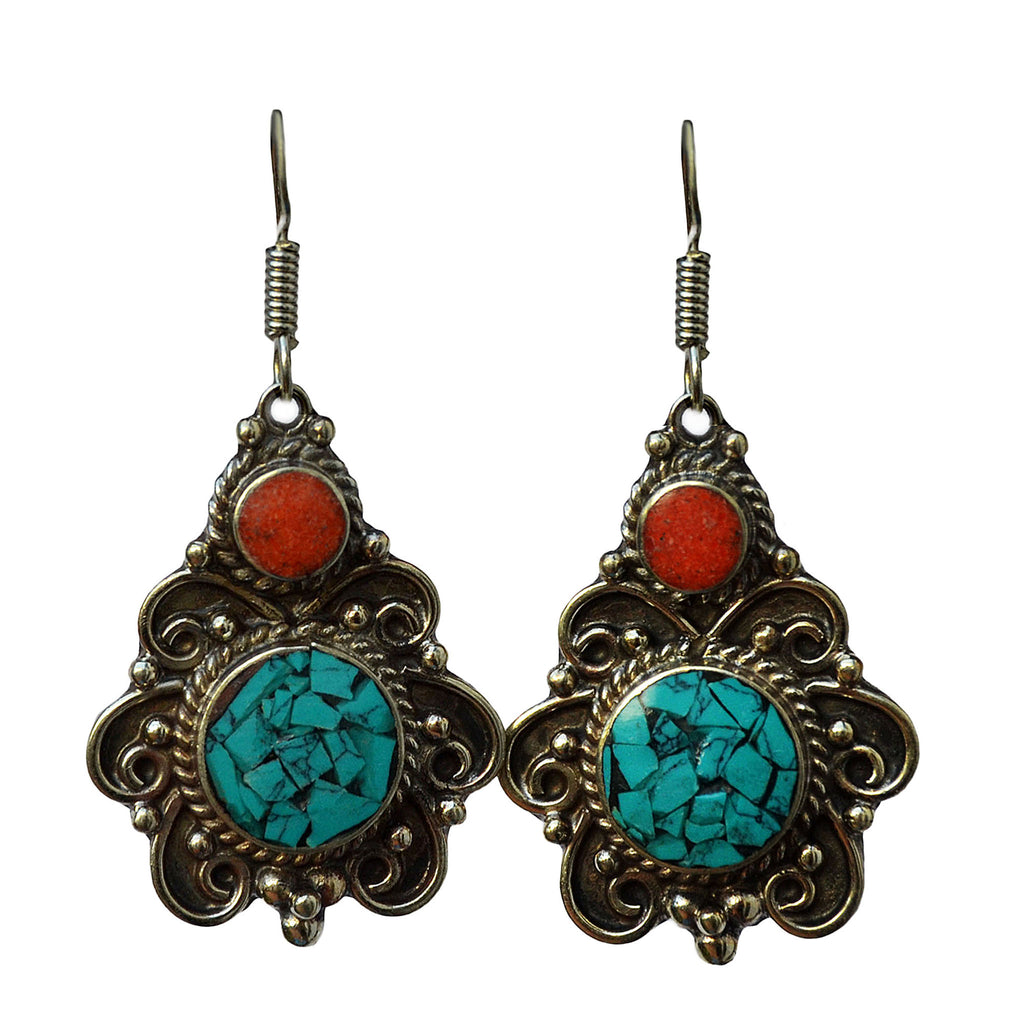 Ethnic tribetan dangly silver earrings with red coral and turquoise stones