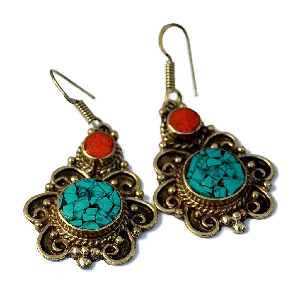 Ethnic silver drop earrings with red coral and turquoise stone on white background