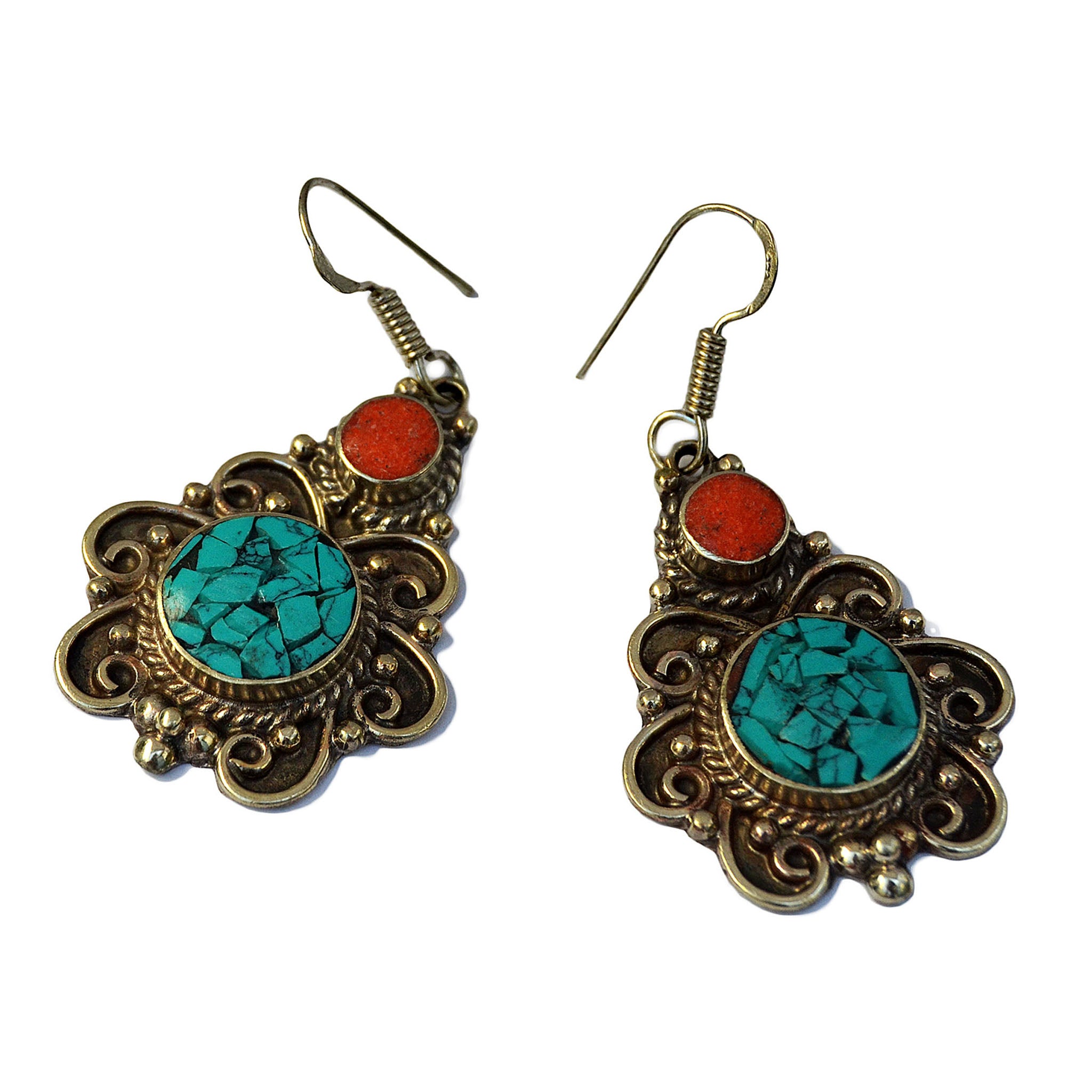 Traditional nepal drop earrings with red coral and turquoise stone on white background
