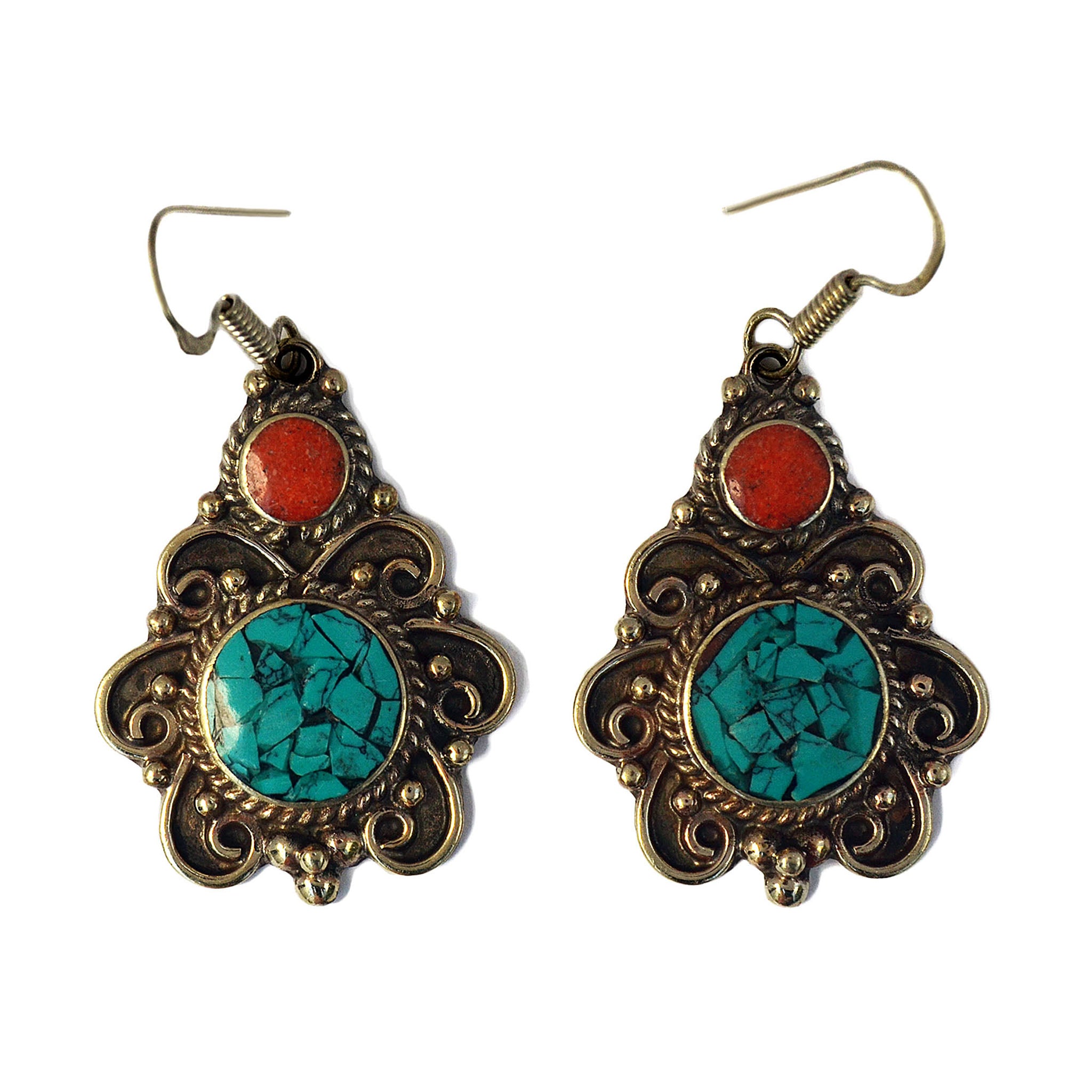 Tibetan silver dangle earrings with red coral and turquoise stone on white background