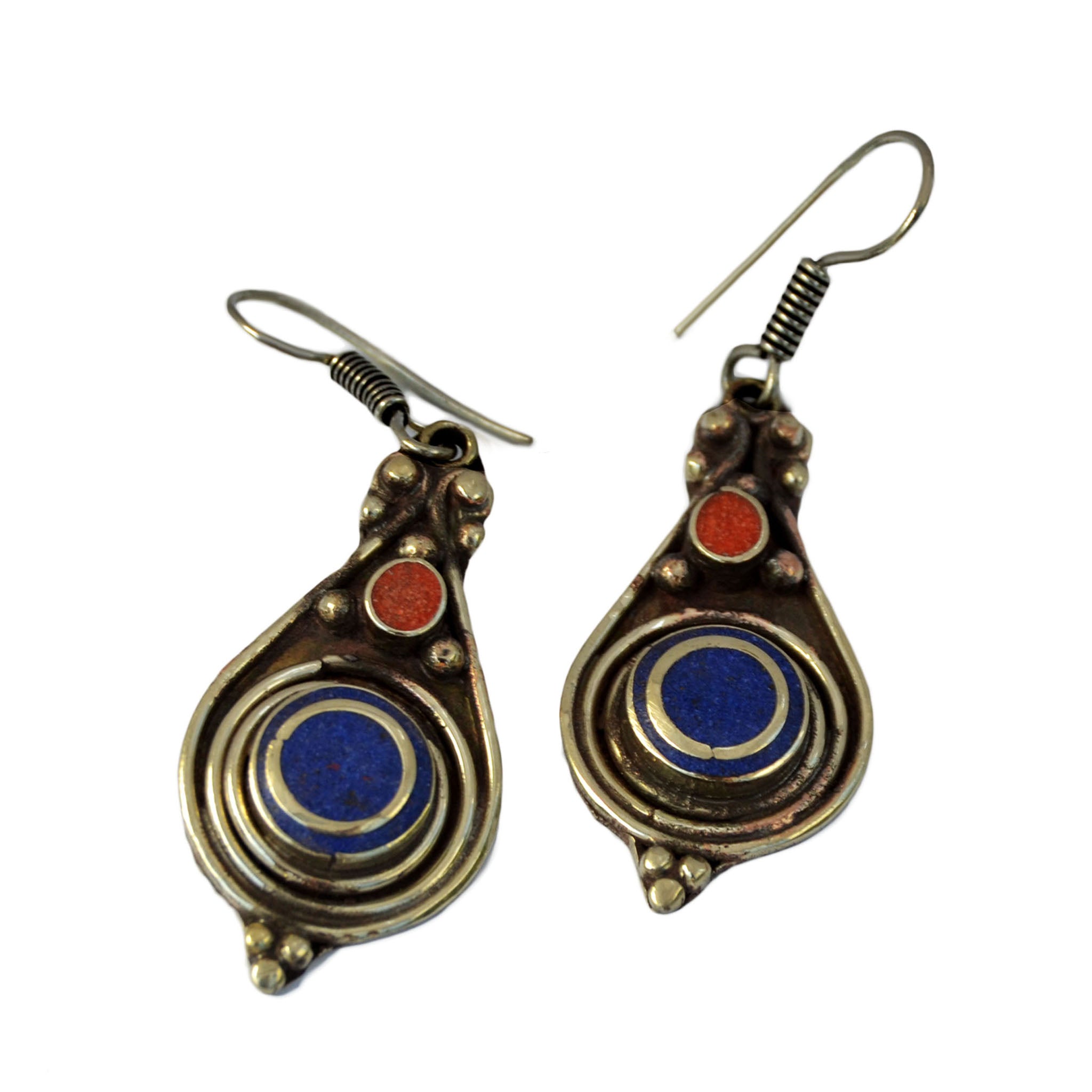 Tribal hanging silver earrings with inlay lapis lazuli and red coral stones