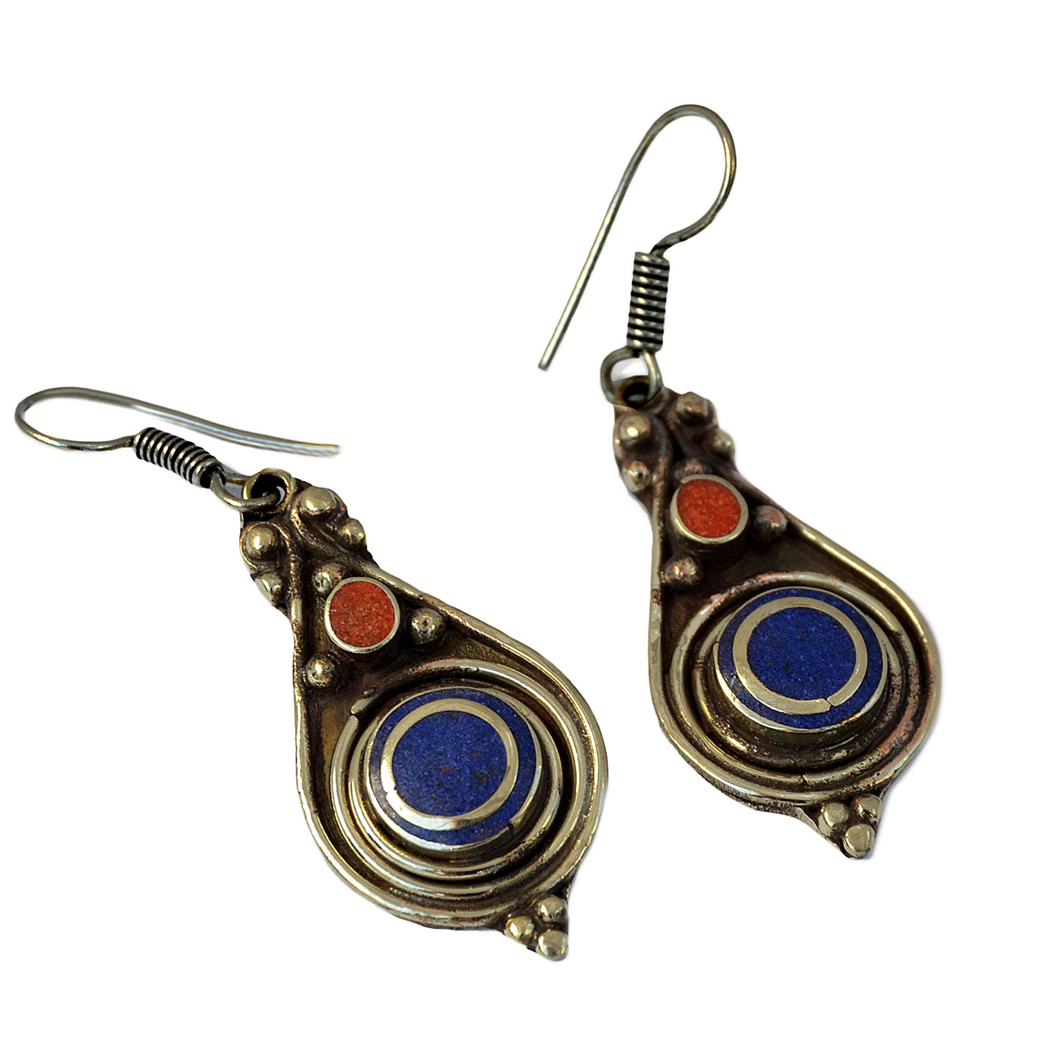 Tribal dangle silver earrings with inlay lapis lazuli and red coral stones