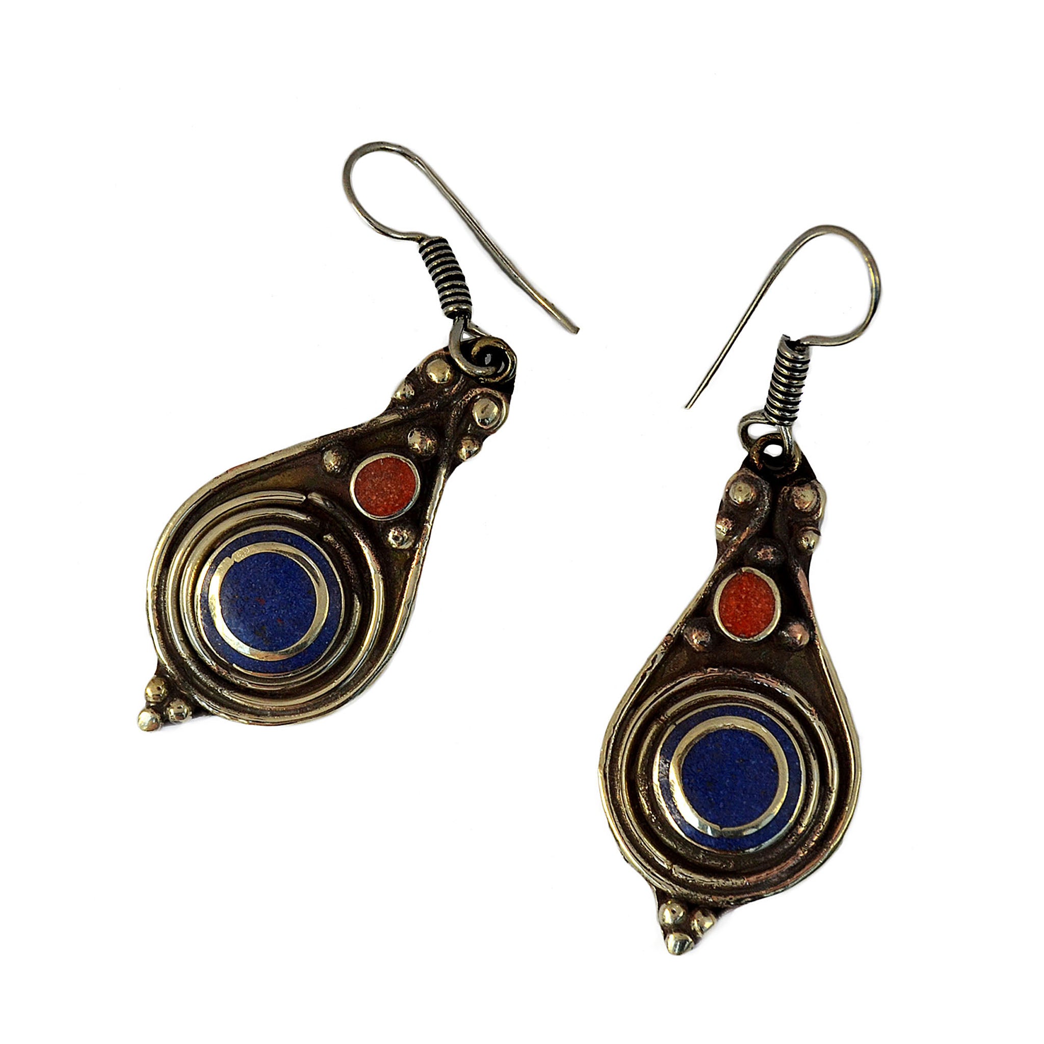 Tibetan drop silver earrings with inlay lapis lazuli and red coral stones