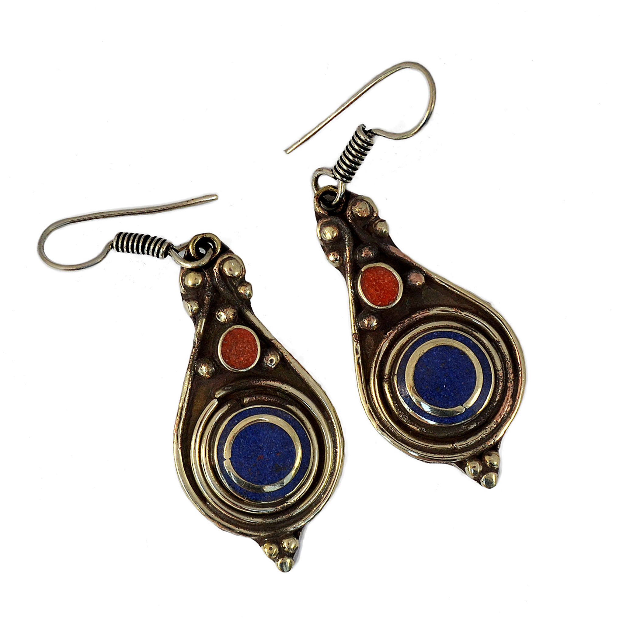 Tribal tibetan drop silver earrings with inlay lapis lazuli and red coral stones