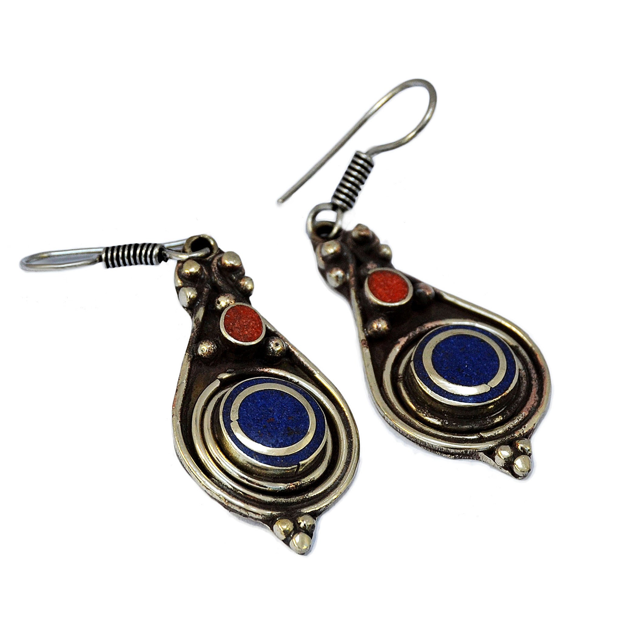 Tribal teardrop silver earrings with inlay lapis lazuli and red coral stones