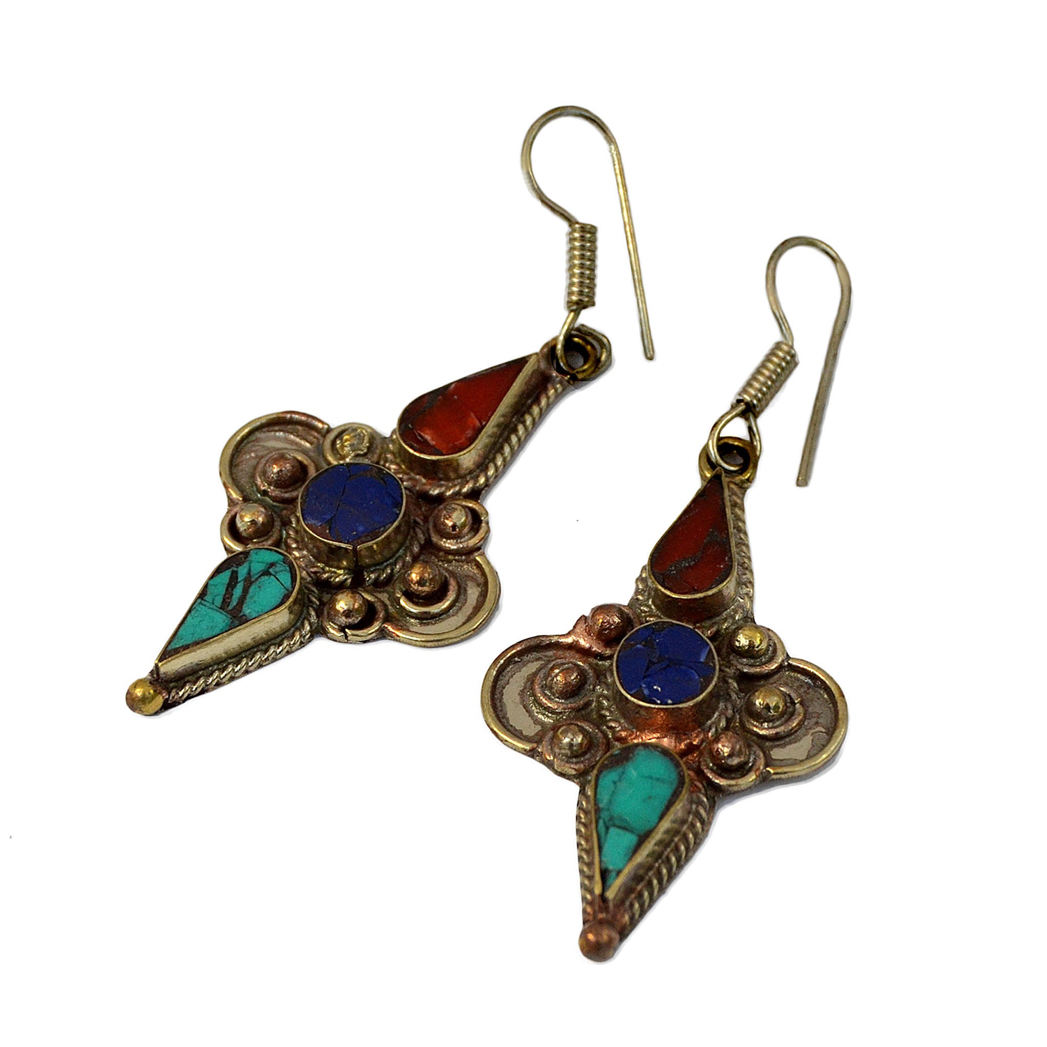 Silver tribal drop earrings with inlay turquoise, lapis lazuli and red coral stones on white 