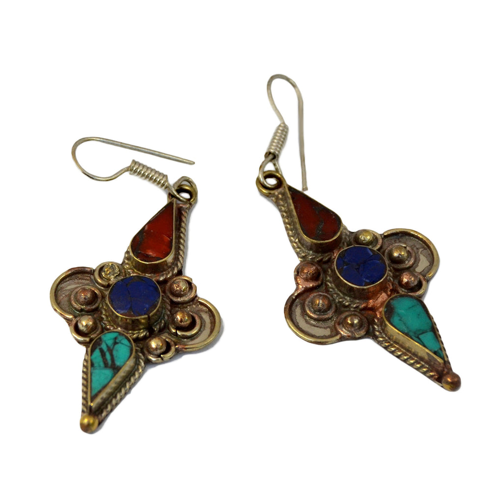 Silver tibetan earrings with inlay turquoise, lapis lazuli and red coral stones on white background