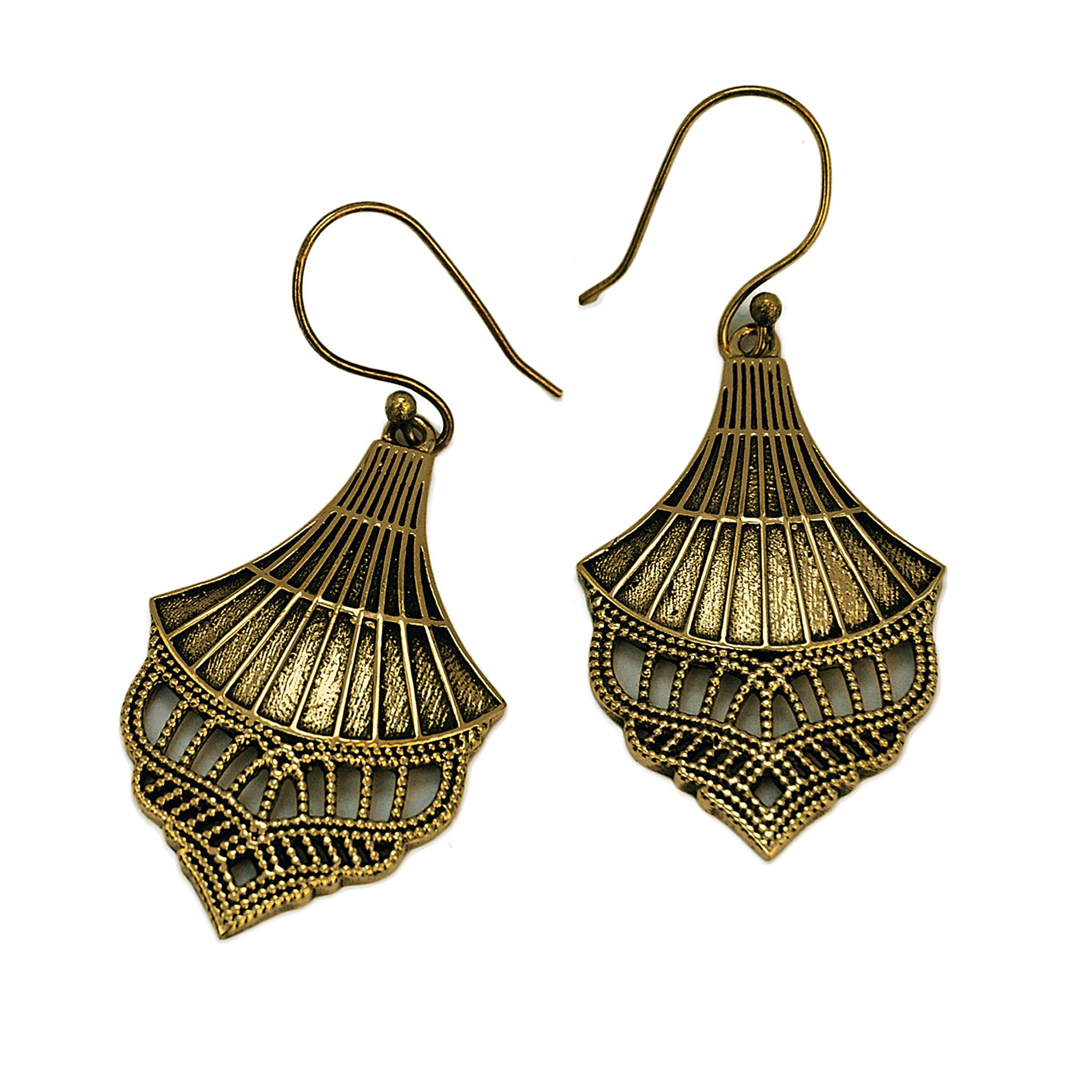 Brass vintage drop filigree earrings on white background